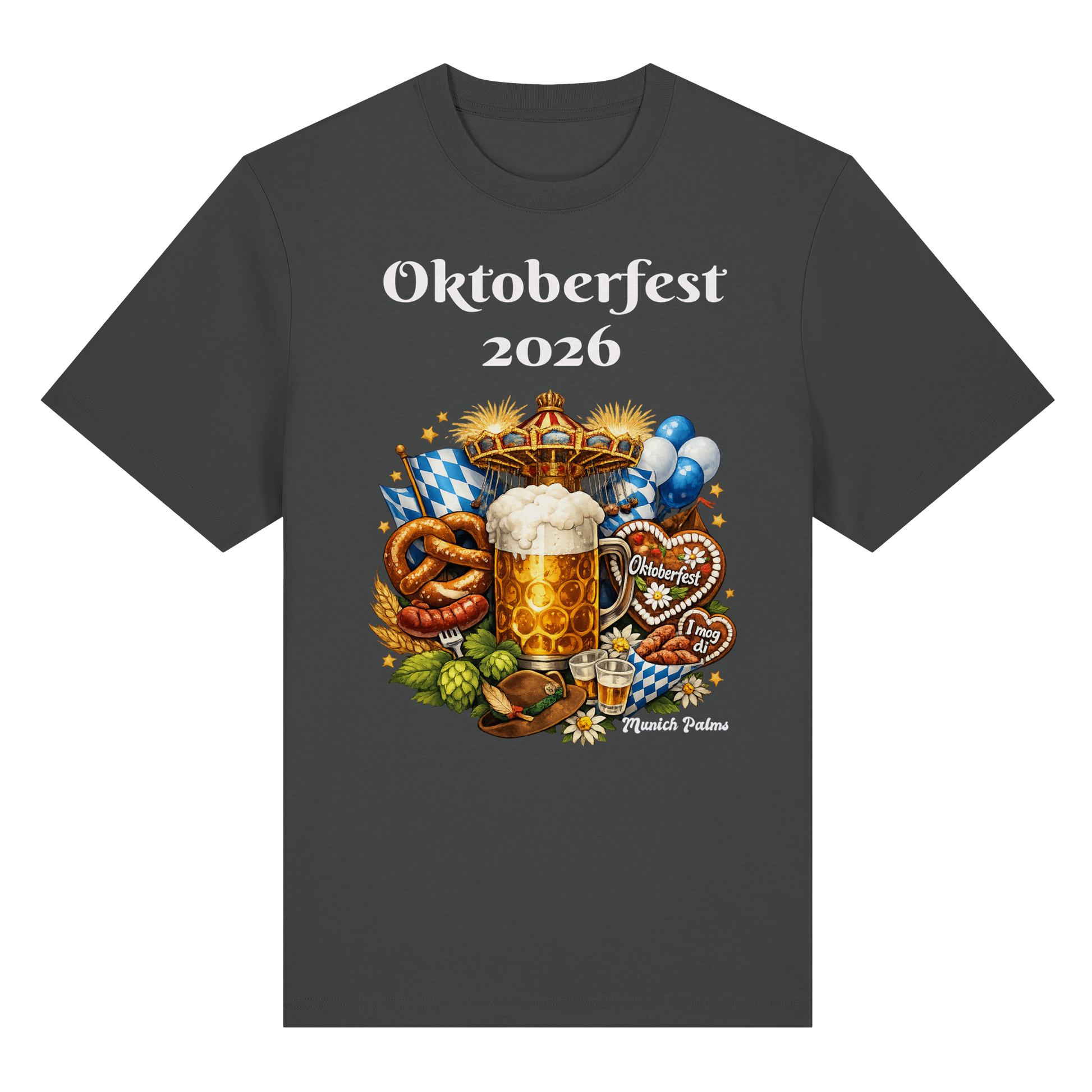 Unisex-Organisches Heavy-Shirt mit Oktoberfest 2026 München Design in Anthrazit, Vorderansicht, bequem und stilvoll