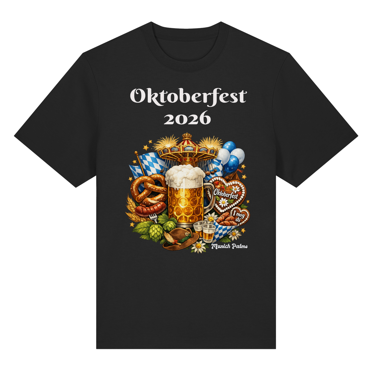 Unisex-Oktoberfest 2026 München Design Organic Heavy Shirt in Schwarz, Frontansicht, bequeme Baumwollqualität