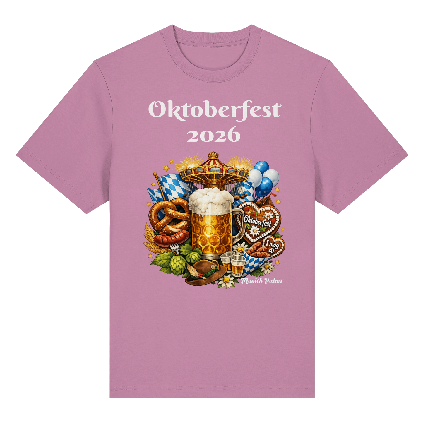 Unisex-Oktoberfest 2026 Munich Design Bio-Heavy-Shirt in Bubble Pink, vorderes Bild, bequemes, nachhaltiges T-Shirt von Online Kaufhaus München