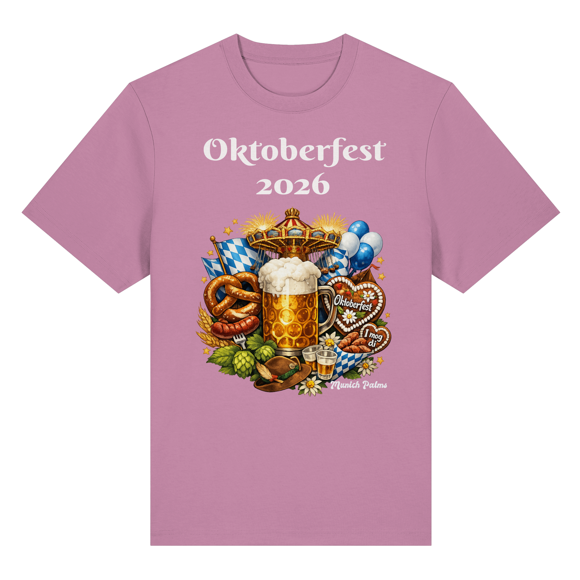 Unisex-Oktoberfest 2026 Munich Design Bio-Heavy-Shirt in Bubble Pink, vorderes Bild, bequemes, nachhaltiges T-Shirt von Online Kaufhaus München