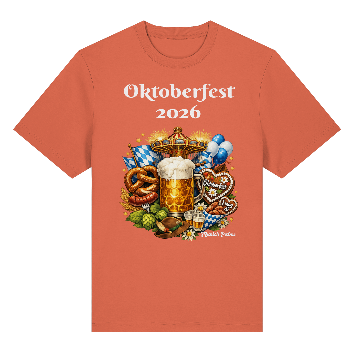 Unisex-Oktoberfest 2026 Munich Design Bio-Heavy-Shirt, vorneansicht mit traditionellem Oktoberfest-Motiv, bequemes Naturmaterial
