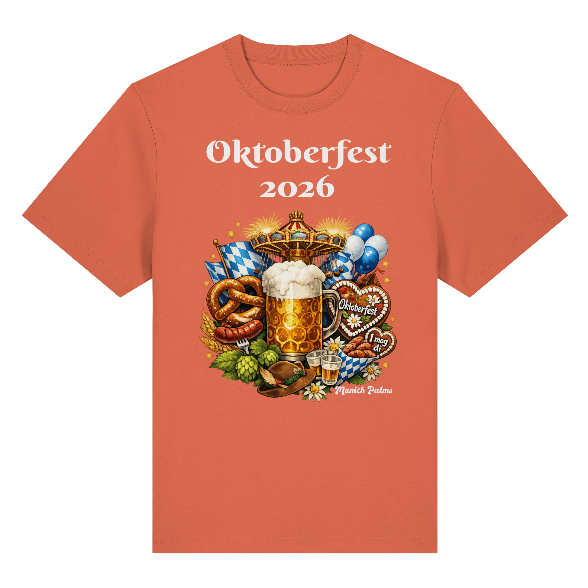 Unisex-Oktoberfest 2026 Munich Design Bio-Heavy-Shirt, vorneansicht mit traditionellem Oktoberfest-Motiv, bequemes Naturmaterial