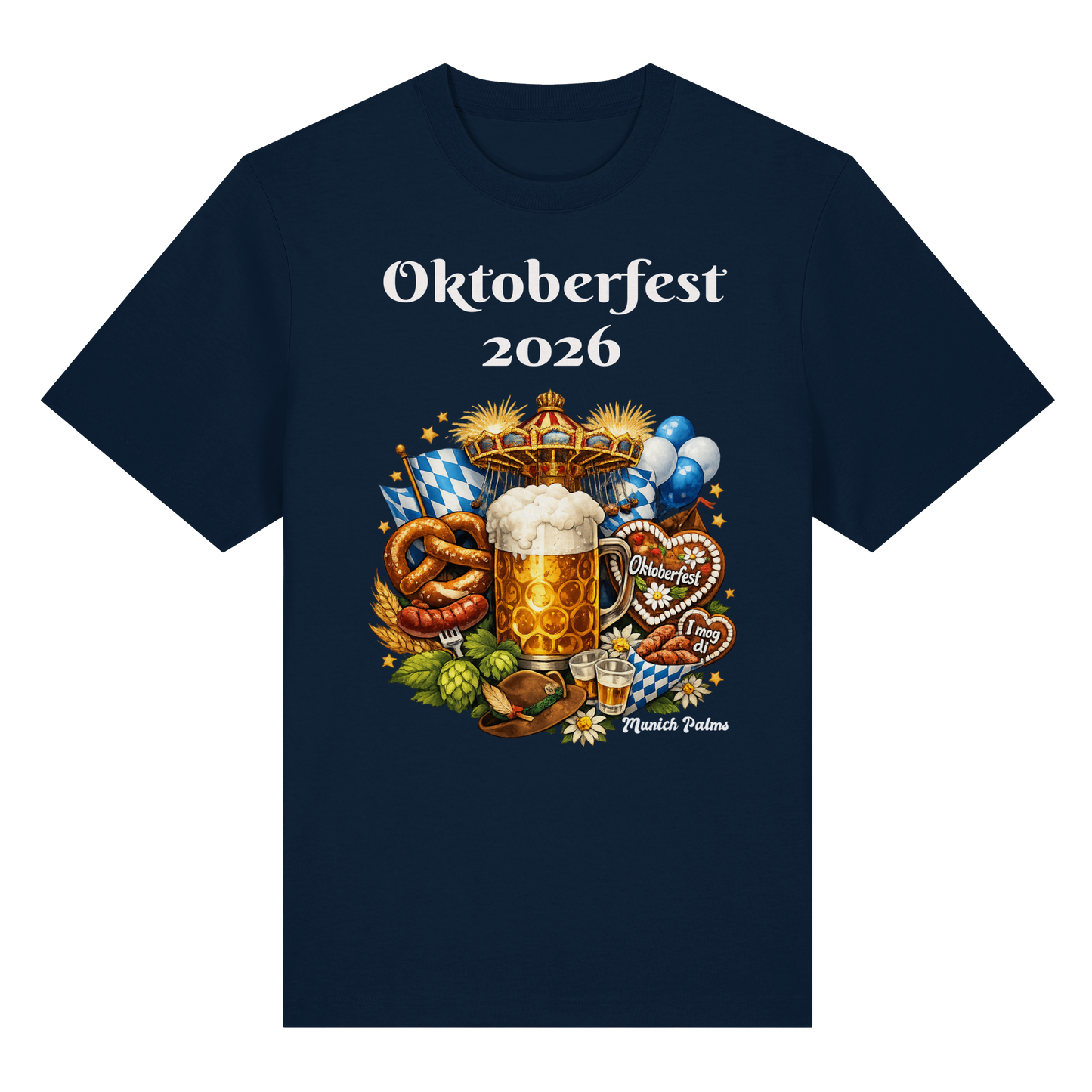 Unisex-Oktoberfest 2026 Munich Design Organic Heavy Shirt in French Navy, Vorderansicht, bequeme Baumwollqualität