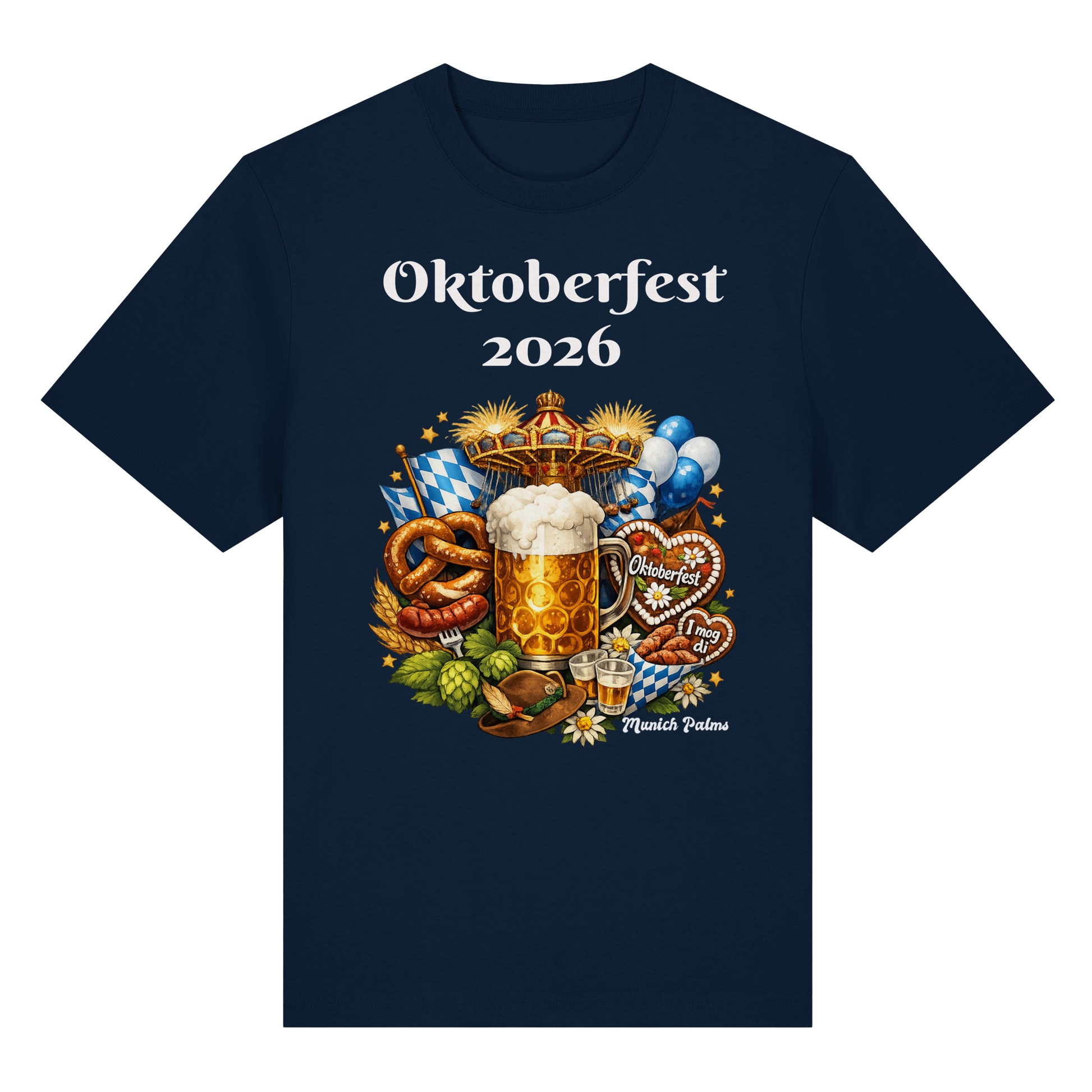 Unisex-Oktoberfest 2026 Munich Design Organic Heavy Shirt in French Navy, Vorderansicht, bequeme Baumwollqualität