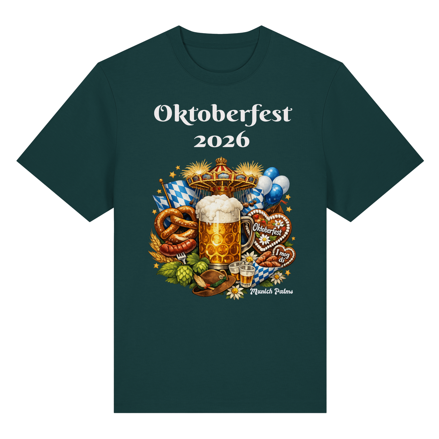 Unisex-Oktoberfest 2026 Munich Design Bio-Heavy-Shirt in grün, Vorderansicht, bequeme Baumwollqualität, ideal für Festtage