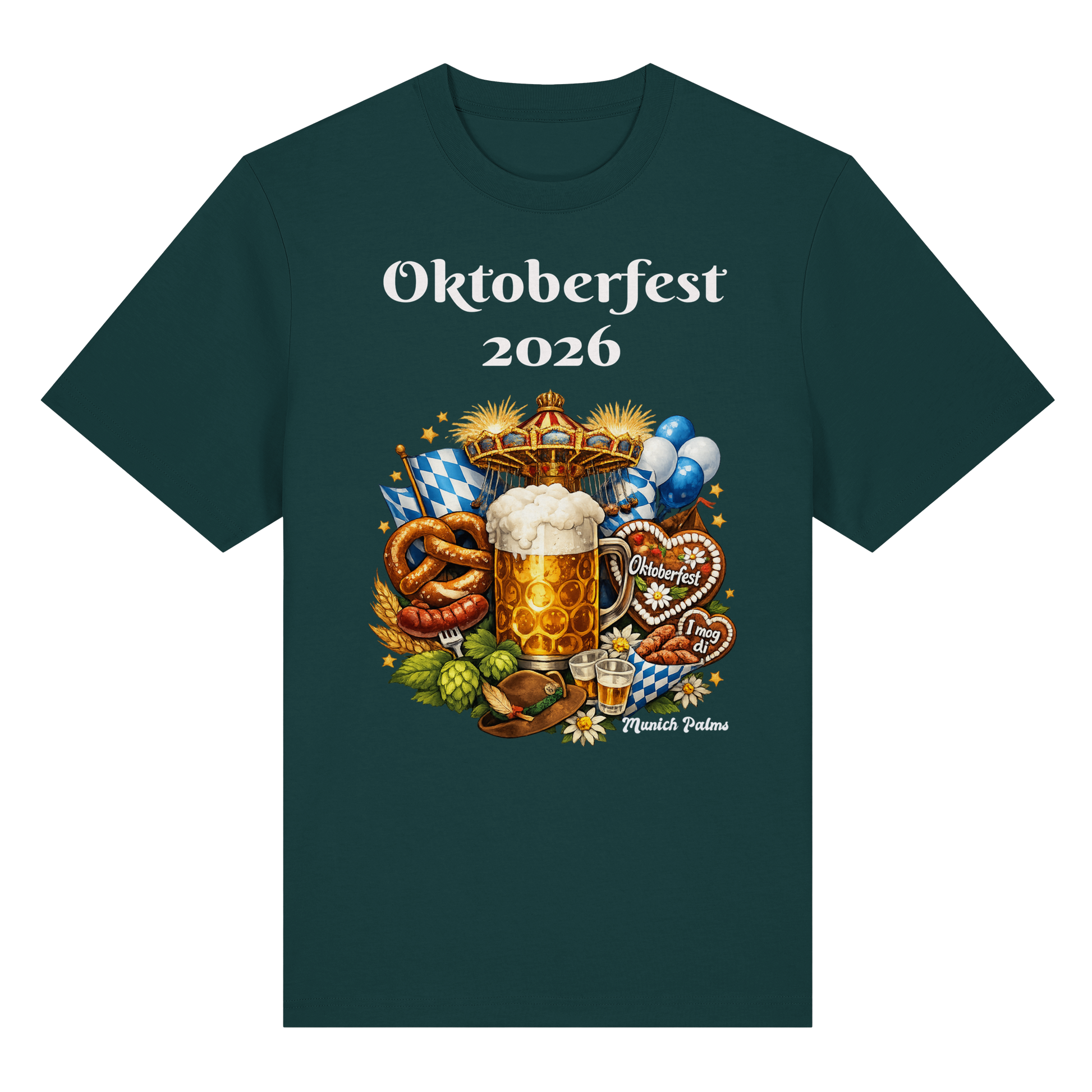 Unisex-Oktoberfest 2026 Munich Design Bio-Heavy-Shirt in grün, Vorderansicht, bequeme Baumwollqualität, ideal für Festtage