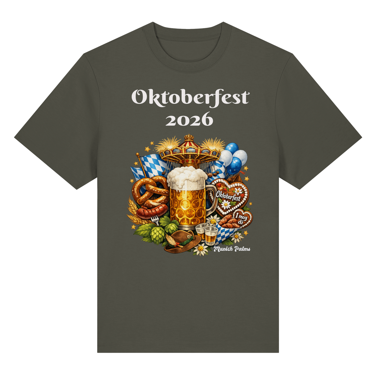 Unisex-Oktoberfest 2026 Munich Design Bio-Heavy-Shirt in Khaki, vorne, bequem und nachhaltig, für Oktoberfest-Feiern in München