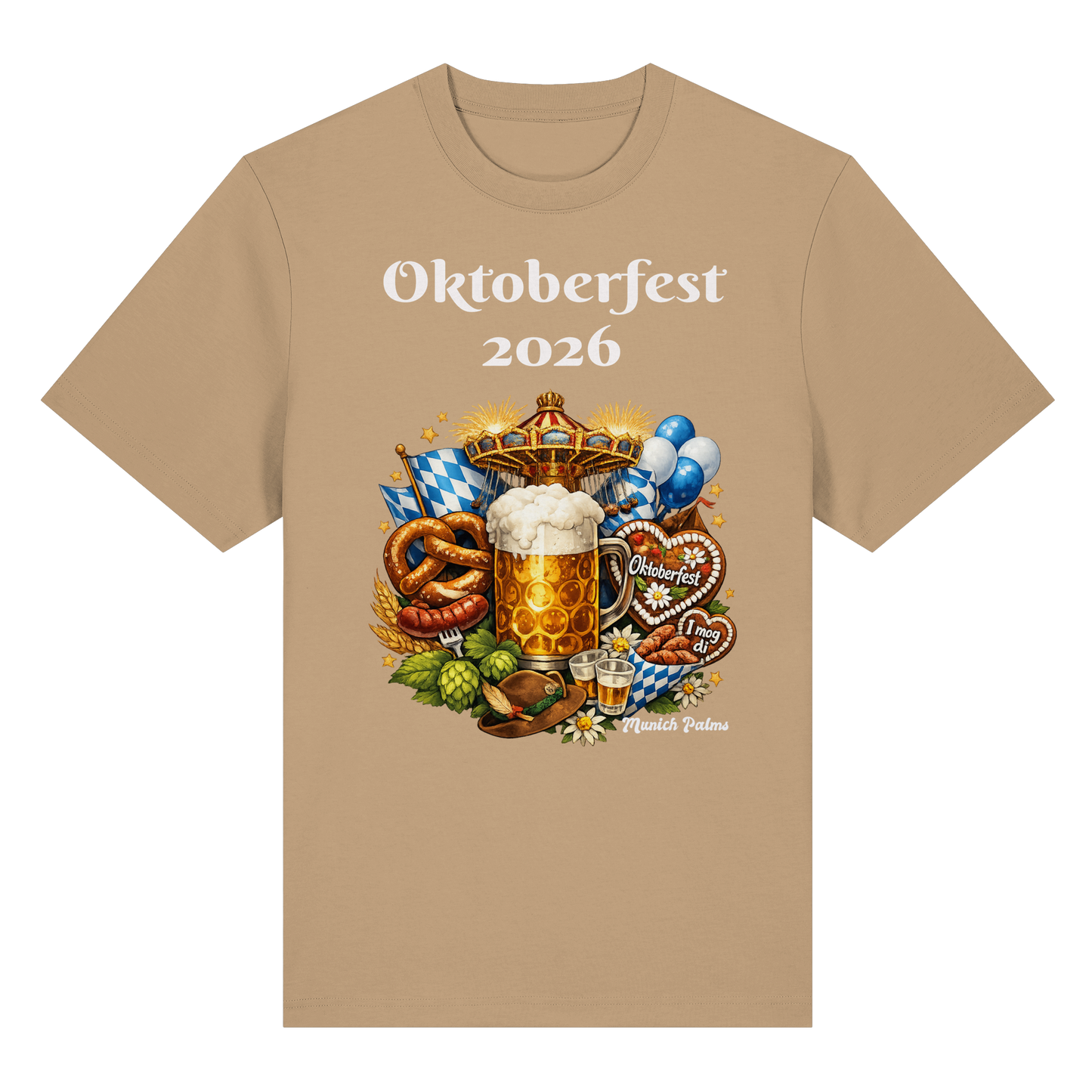 Unisex-Oktoberfest 2026 München Design Bio Heavy Shirt in Latte, vorneansicht, nachhaltiges Baumwollshirt, bequem und stilvoll