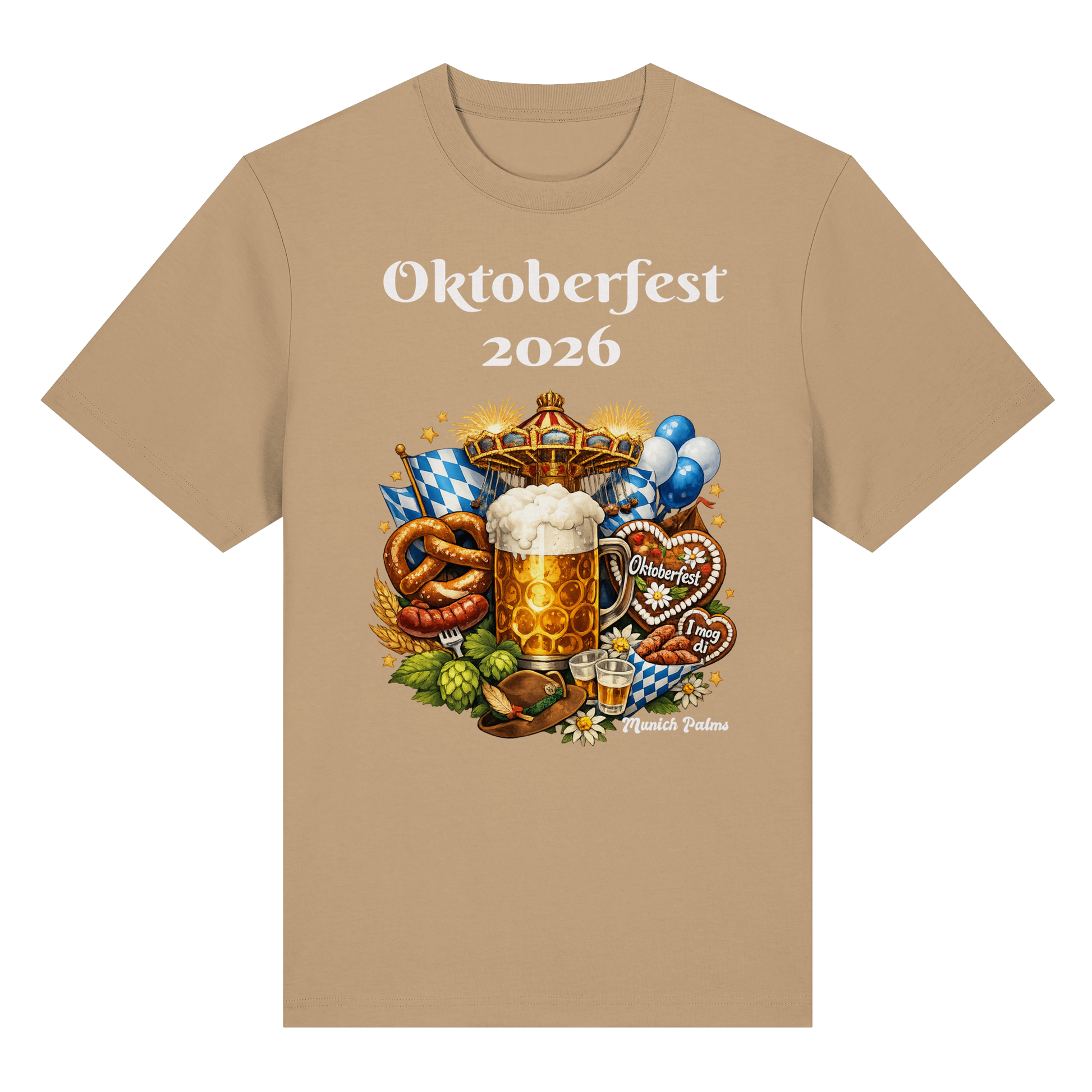 Unisex-Oktoberfest 2026 München Design Bio Heavy Shirt in Latte, vorneansicht, nachhaltiges Baumwollshirt, bequem und stilvoll