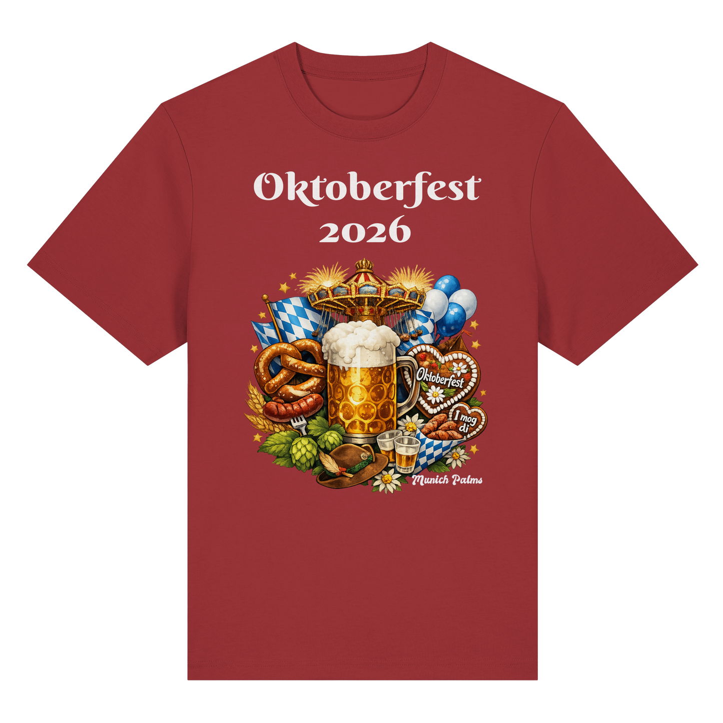 Unisex-Oktoberfest 2026 München Design Bio Heavy Shirt in rotem Erdtönen, frontale Ansicht, bequemes Baumwollshirt