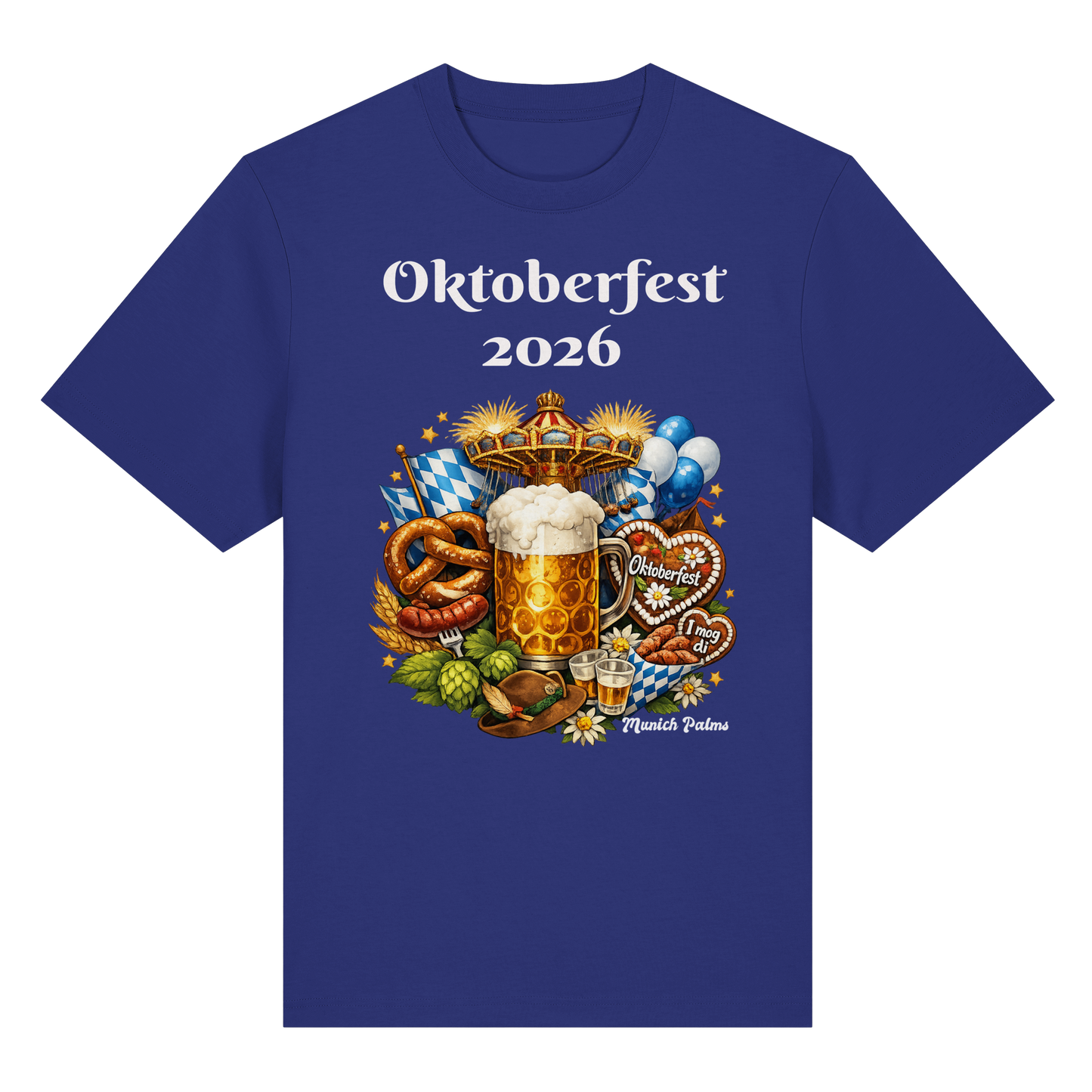 Unisex-Organisches Heavy Shirt mit Oktoberfest 2026 München Design in Blau, Vorderseite, von Online Kaufhaus München.