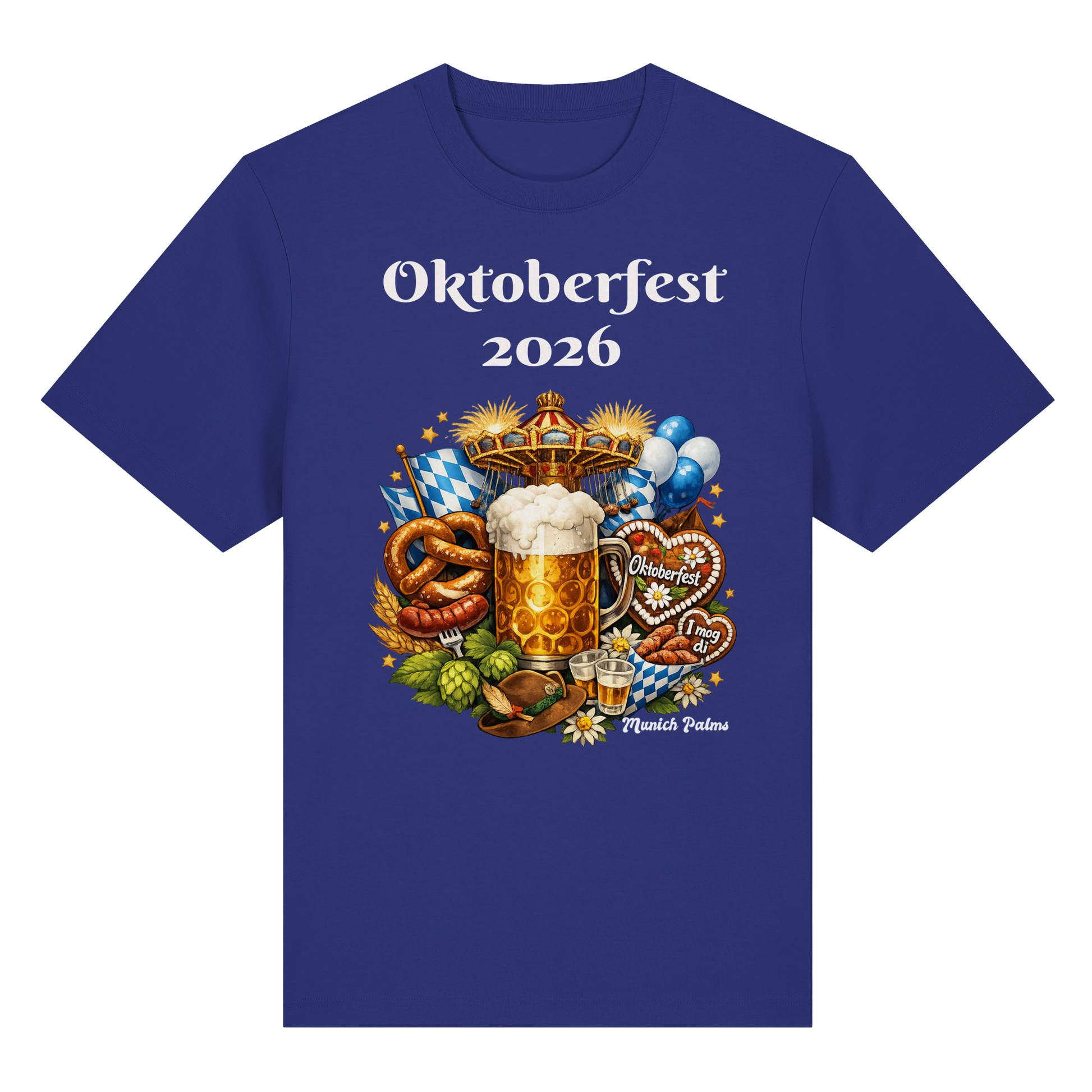 Unisex-Organisches Heavy Shirt mit Oktoberfest 2026 München Design in Blau, Vorderseite, von Online Kaufhaus München.