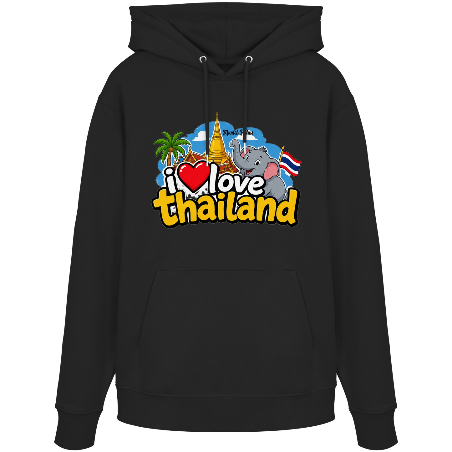 Schwarzer Bio-Hoodie mit "I love Thailand" Aufdruck, bequemes Hoodies Modell, Frontansicht, von Online Kaufhaus München.