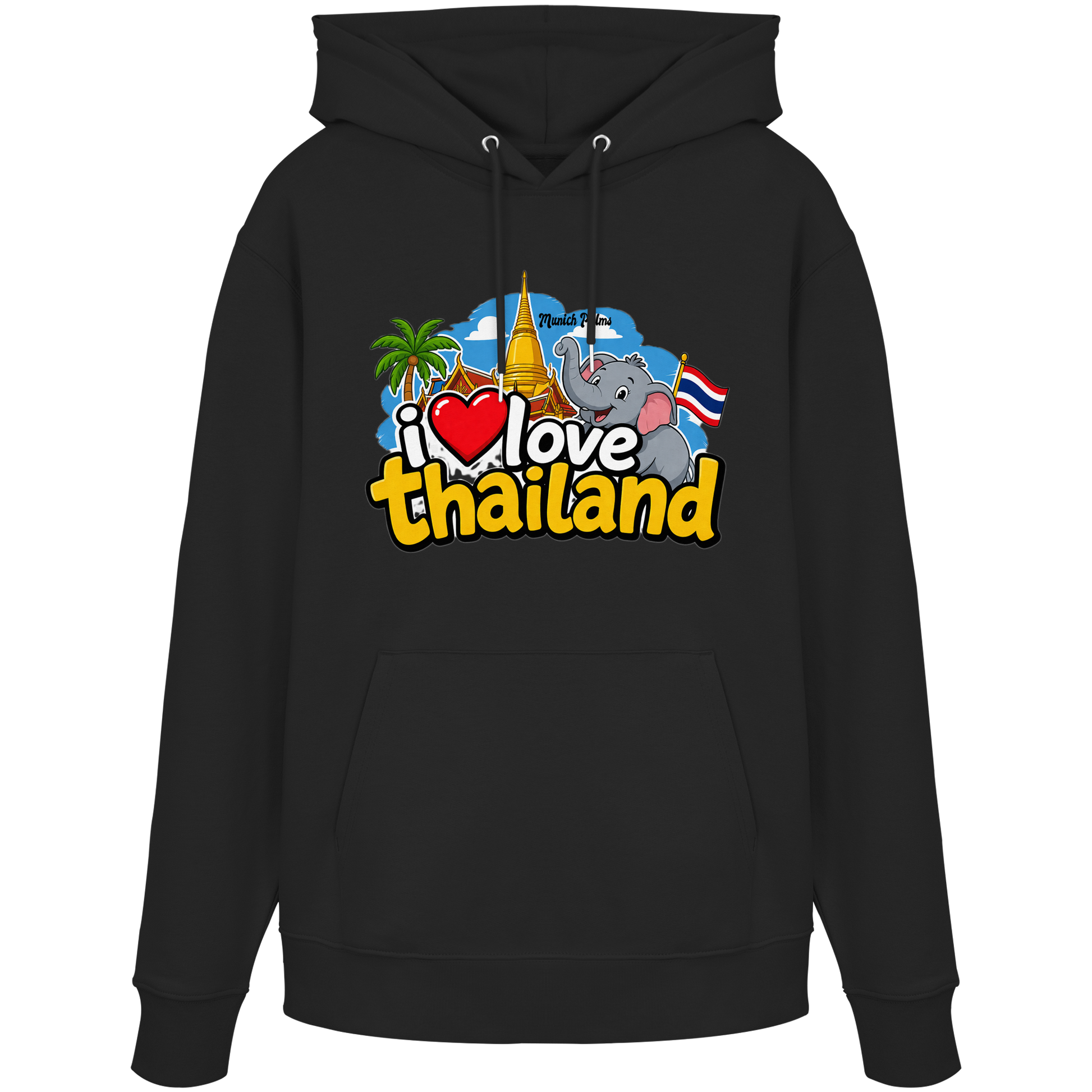 Schwarzer Bio-Hoodie mit "I love Thailand" Aufdruck, bequemes Hoodies Modell, Frontansicht, von Online Kaufhaus München.