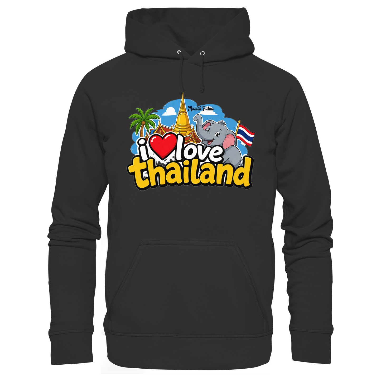 Schwarzer Bio-Hoodie mit „I love Thailand“-Print, bequemer Hoodie aus organischer Baumwolle, Frontansicht, von Online Kaufhaus München