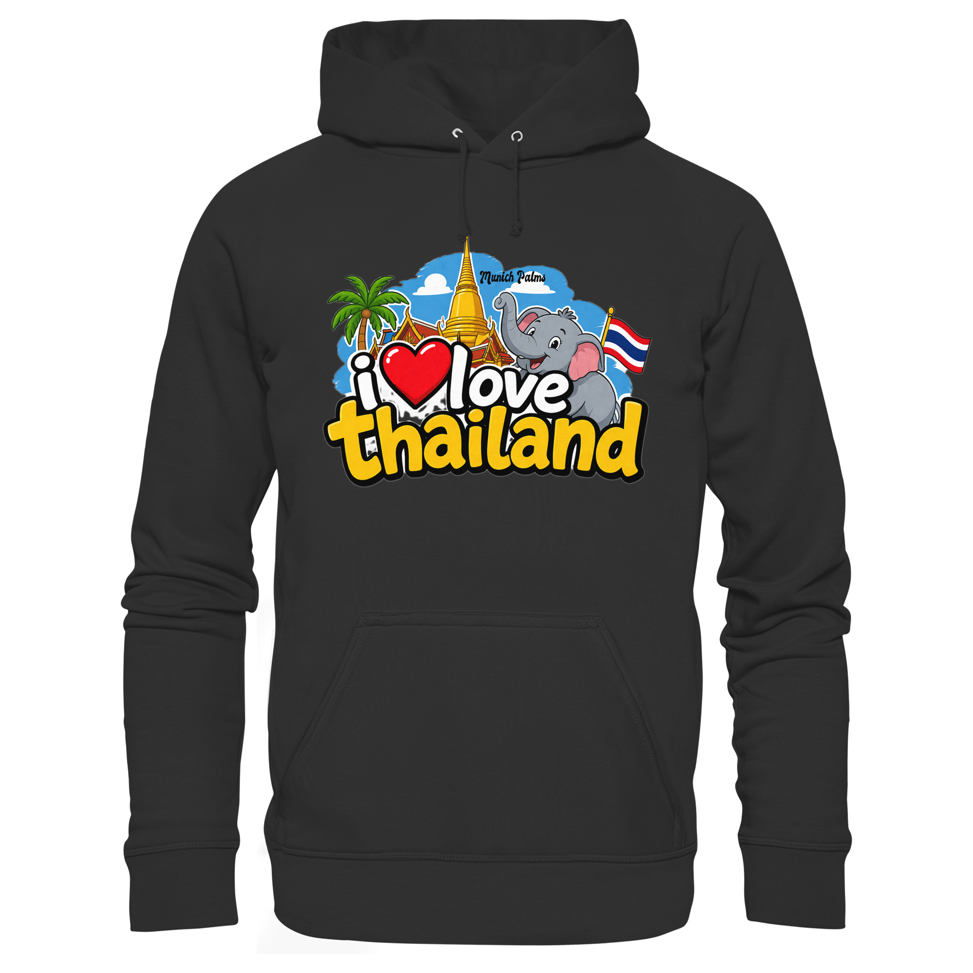 Schwarzer Bio-Hoodie mit „I love Thailand“-Print, bequemer Hoodie aus organischer Baumwolle, Frontansicht, von Online Kaufhaus München