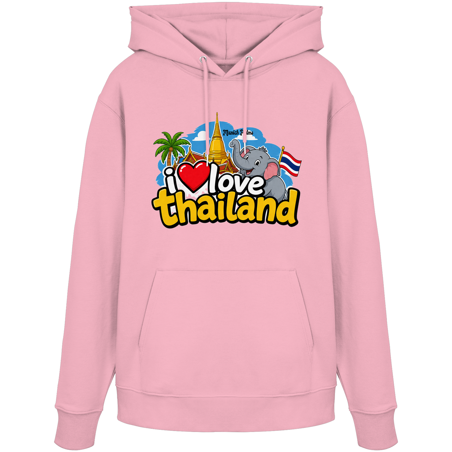 Hoodie von Online Kaufhaus München, rosa Bio-Cotton mit "I love Thailand"-Print, Vorderansicht, bequemer organic Hoodie für Damen.