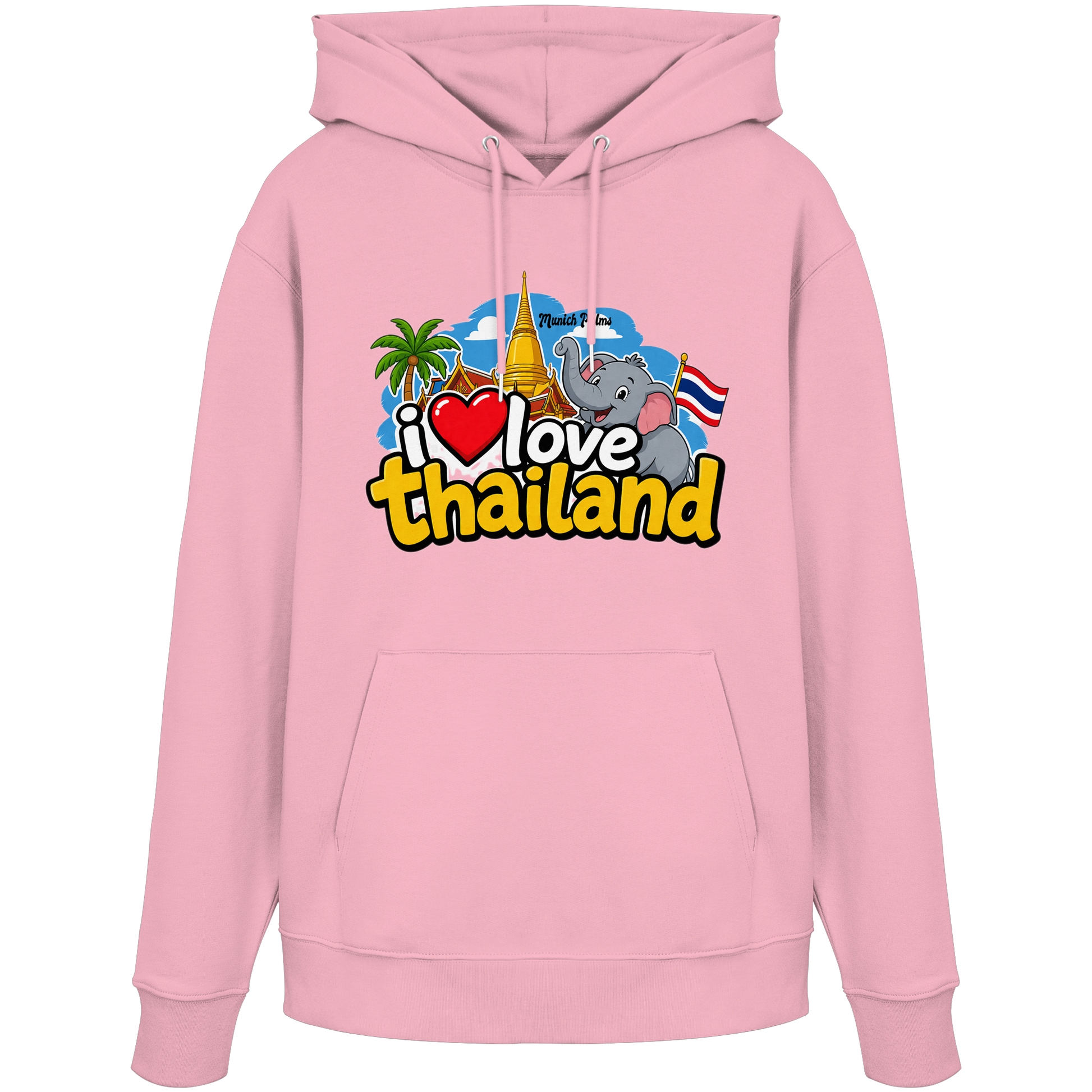 Hoodie von Online Kaufhaus München, rosa Bio-Cotton mit "I love Thailand"-Print, Vorderansicht, bequemer organic Hoodie für Damen.