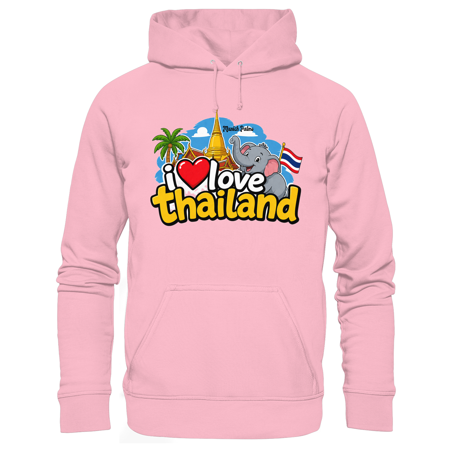 Rosa Bio-Hoodie mit "I love Thailand" Aufdruck, bequemer Hoodie aus Baumwolle, frontale Ansicht, Online Kaufhaus München.