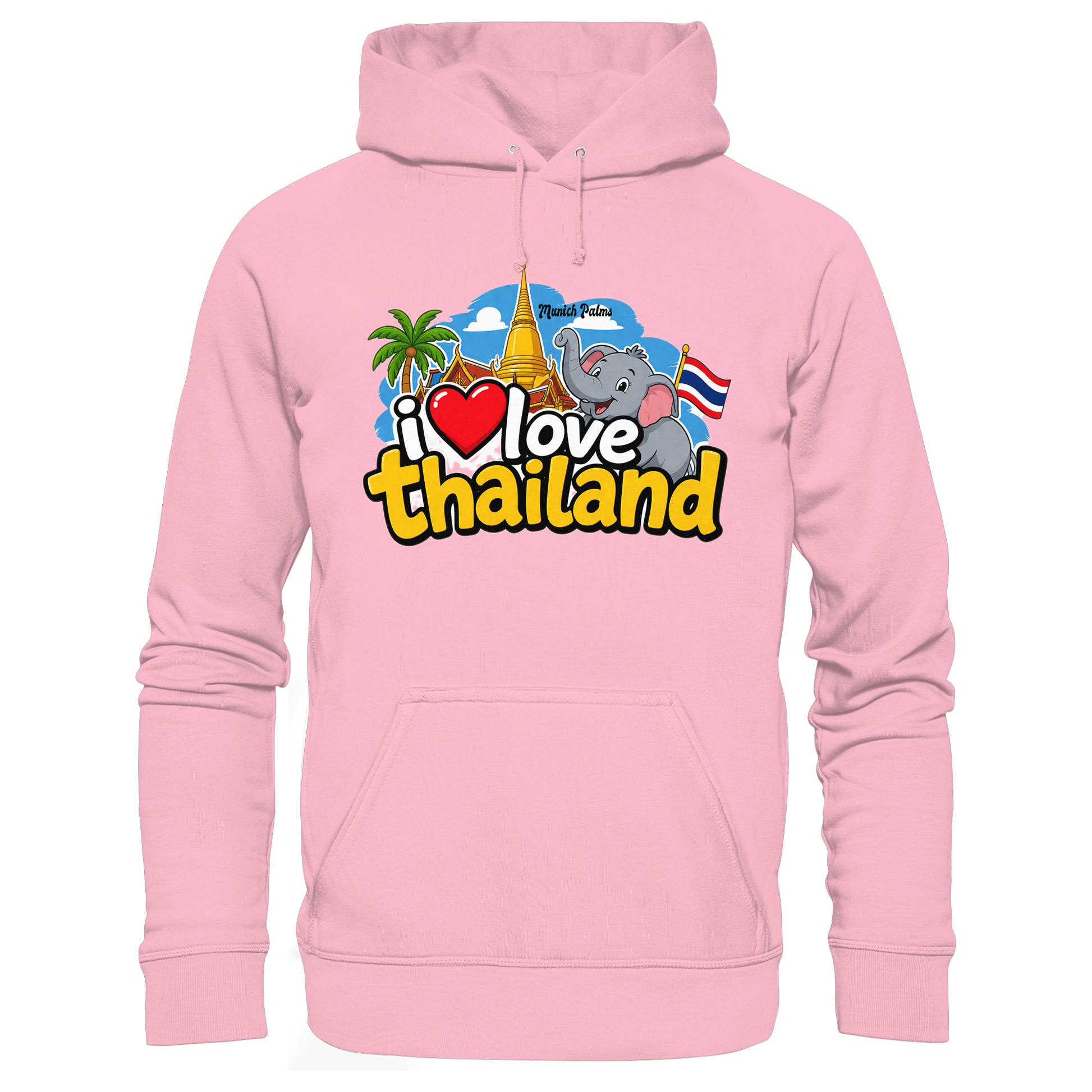 Rosa Bio-Hoodie mit "I love Thailand" Aufdruck, bequemer Hoodie aus Baumwolle, frontale Ansicht, Online Kaufhaus München.