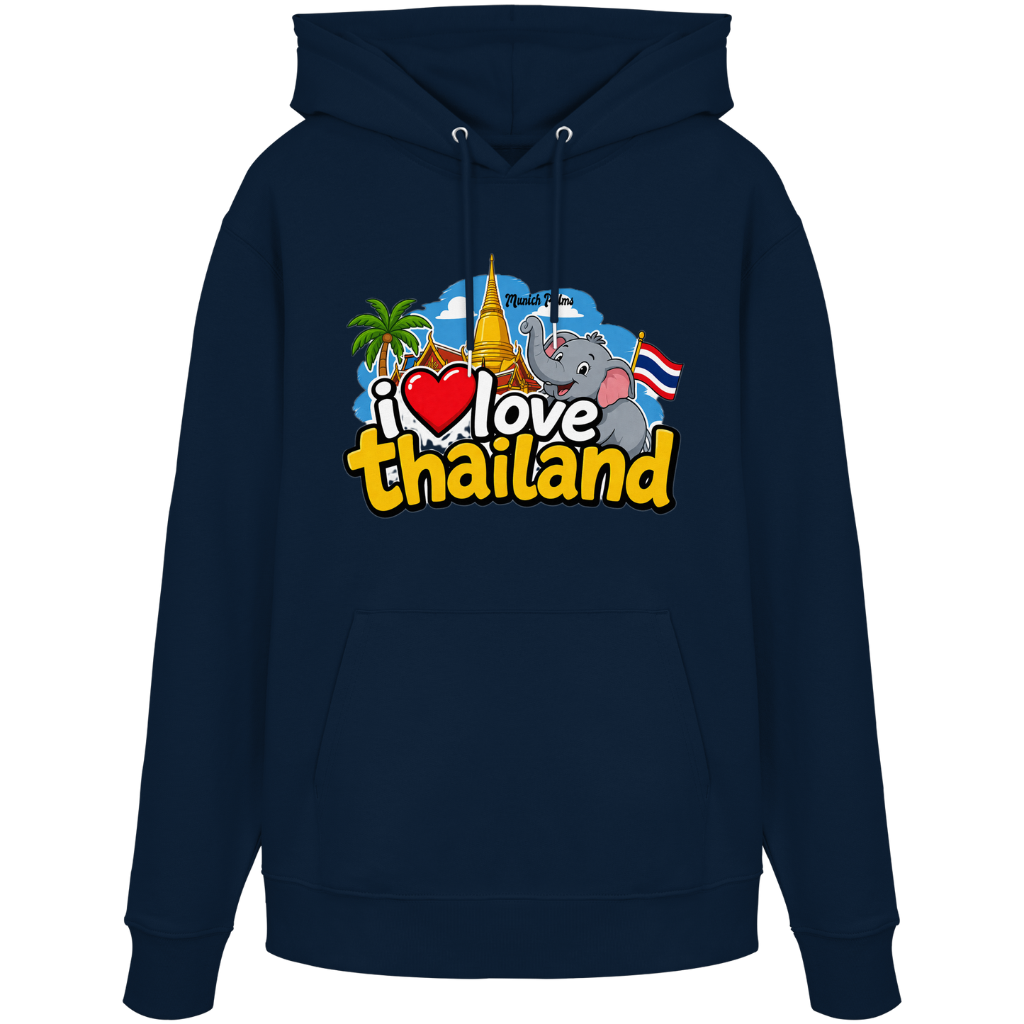 Organischer Hoodie 'I love Thailand' in French Navy, Vorderansicht, bequemes Sweatshirt, nachhaltige Mode von Online Kaufhaus München