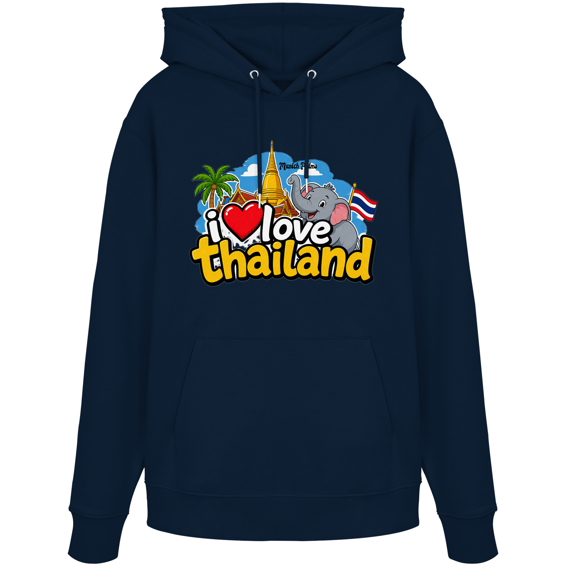 Organischer Hoodie 'I love Thailand' in French Navy, Vorderansicht, bequemes Sweatshirt, nachhaltige Mode von Online Kaufhaus München