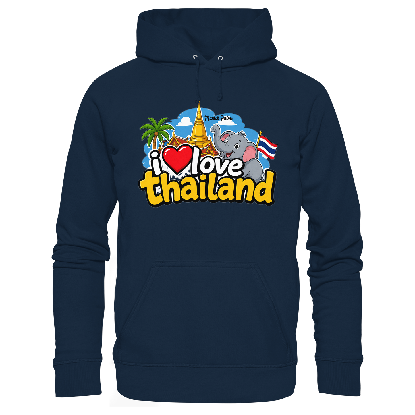 Organischer Hoodie "I love Thailand" in French Navy von Online Kaufhaus München, Vorderansicht, weicher Stoff, bequemer Schnitt