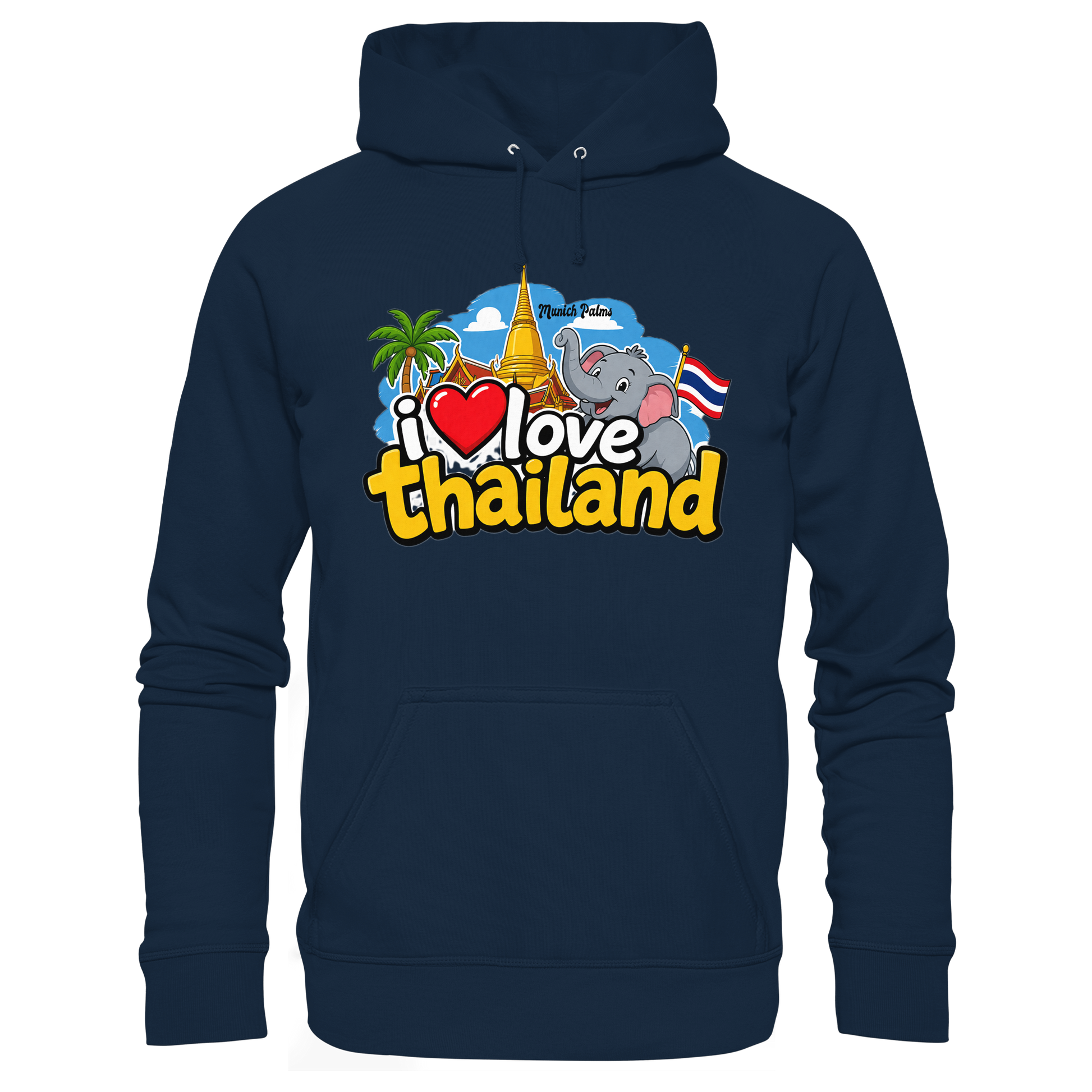 Organischer Hoodie "I love Thailand" in French Navy von Online Kaufhaus München, Vorderansicht, weicher Stoff, bequemer Schnitt