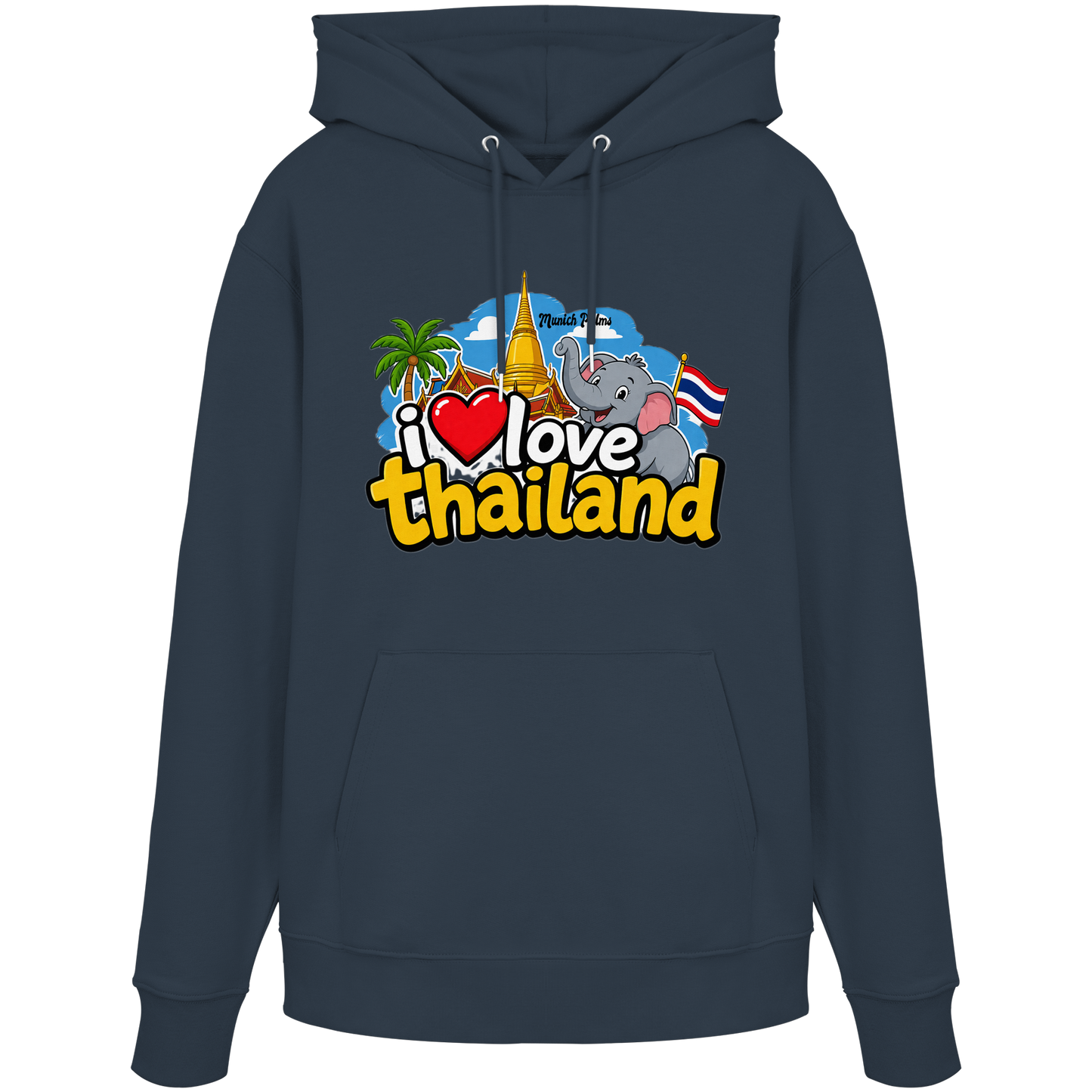 Grauer Organic Hoodie mit "I love Thailand" Druck, Frontansicht, bequemes Hoodie aus Bio-Baumwolle, von Online Kaufhaus München