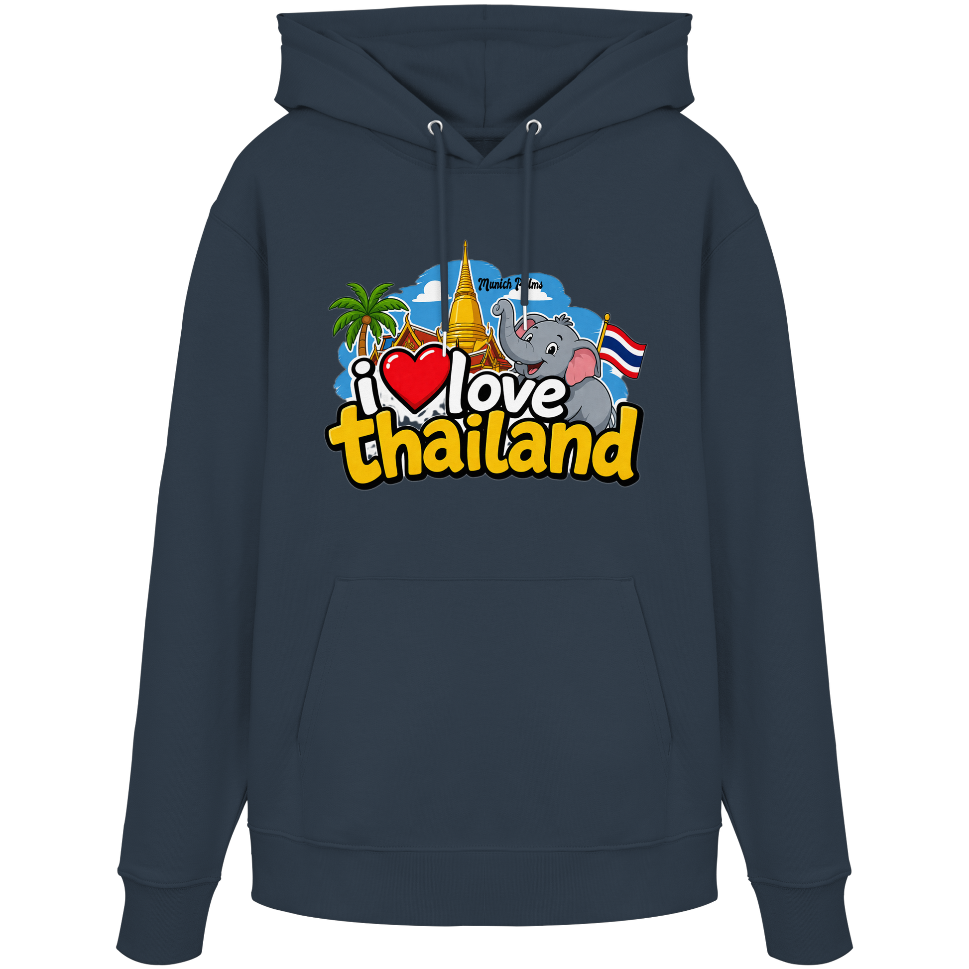 Grauer Organic Hoodie mit "I love Thailand" Druck, Frontansicht, bequemes Hoodie aus Bio-Baumwolle, von Online Kaufhaus München
