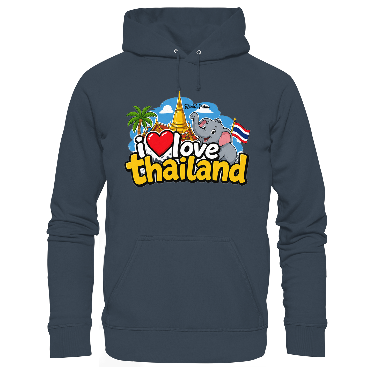 Grauer Organic Hoodie mit "I love Thailand" Druck, frontale Ansicht, aus Bio-Baumwolle, von Online Kaufhaus München