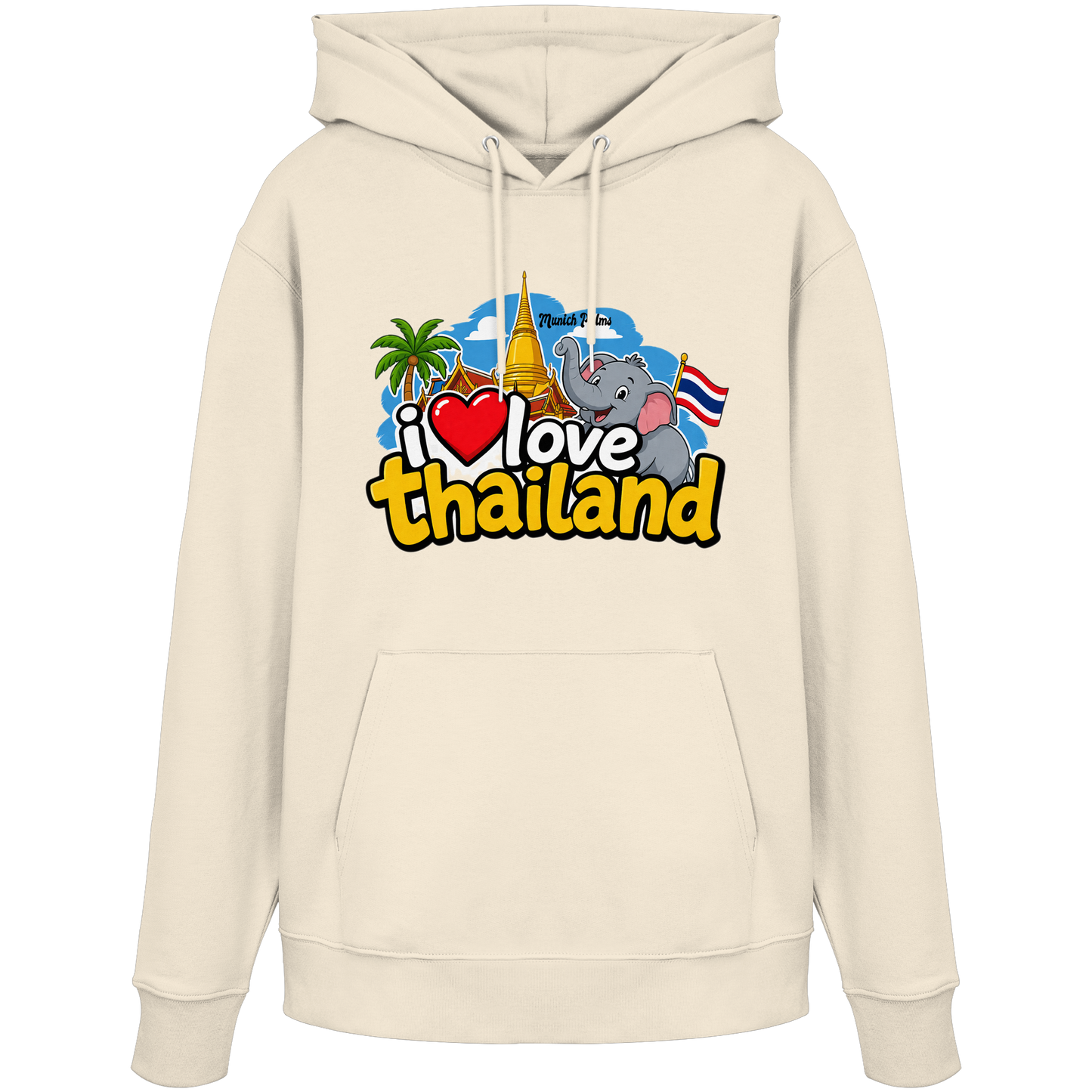 Organischer Hoodie mit "I love Thailand"-Print, bequeme Passform, natürliche Baumwolle, Frontansicht, lässiges Design, für Damen und Herren