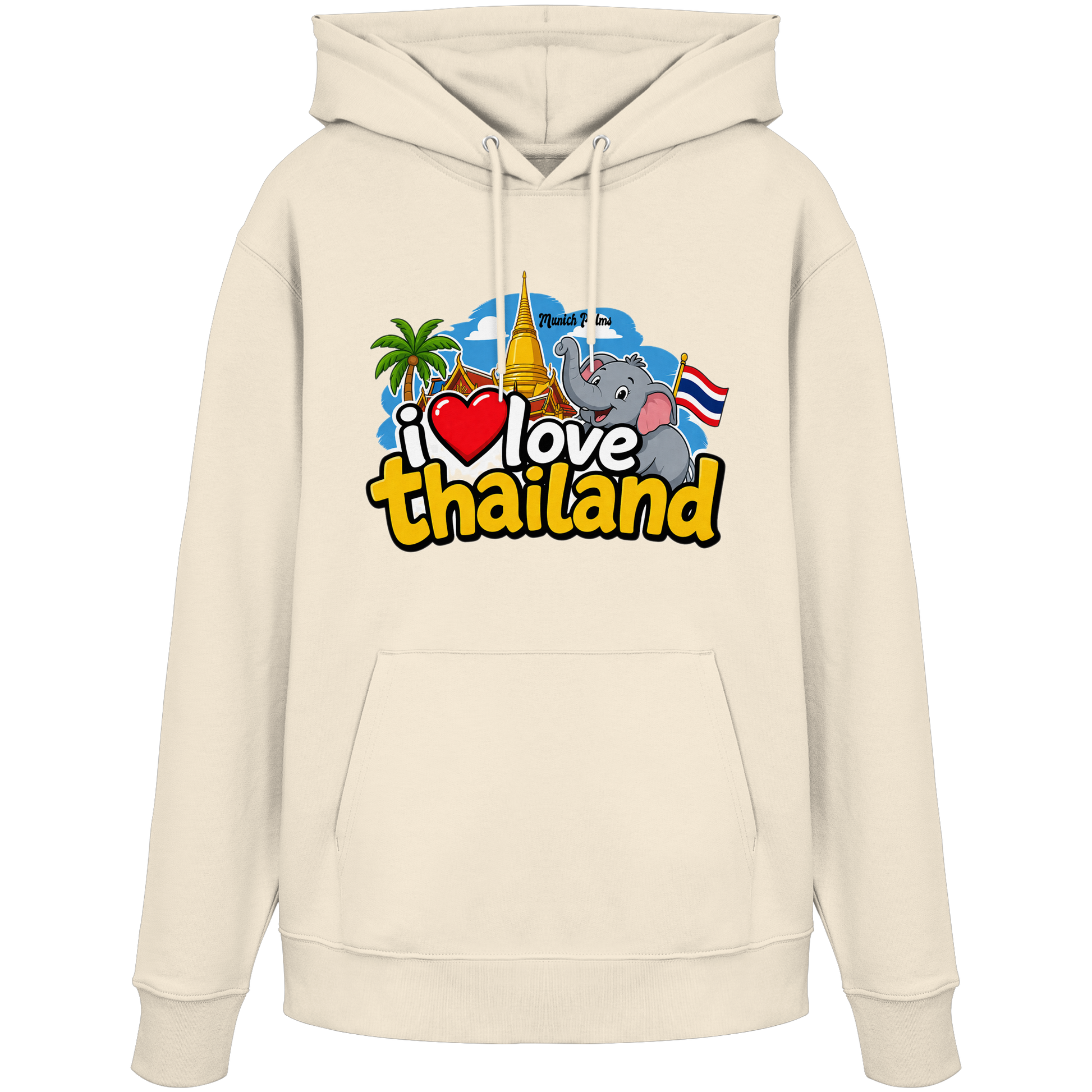 Organischer Hoodie mit "I love Thailand"-Print, bequeme Passform, natürliche Baumwolle, Frontansicht, lässiges Design, für Damen und Herren
