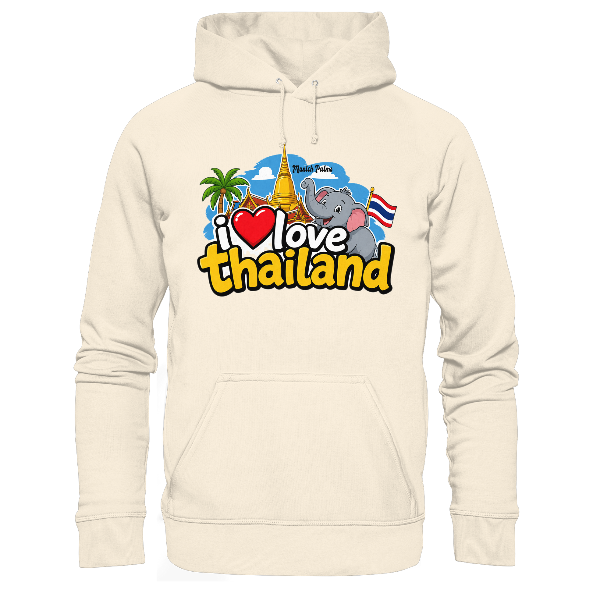 Beige Organic Hoodie mit "I love Thailand"-Print, Frontansicht, bequemer Schnitt, nachhaltige Baumwolle, von Online Kaufhaus München