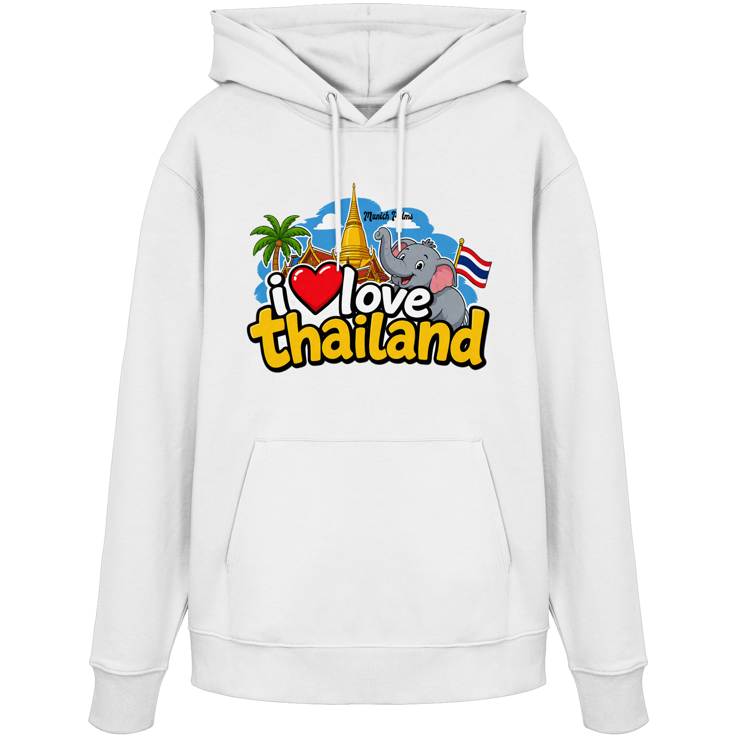 Weiße Bio-Hoodie "I love Thailand" von Online Kaufhaus München, Vorderansicht, bequeme Passform und nachhaltiges Material.