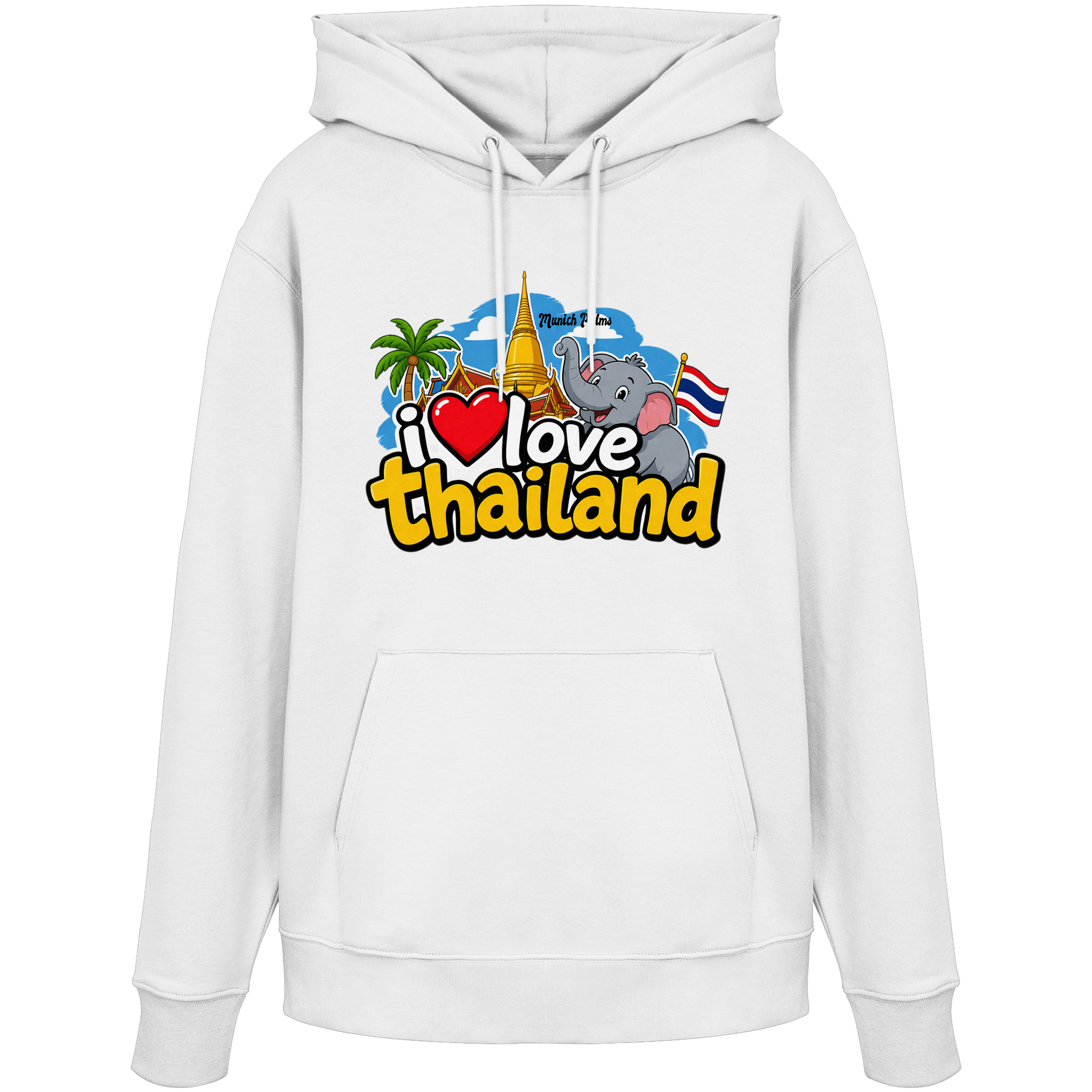 Weiße Bio-Hoodie "I love Thailand" von Online Kaufhaus München, Vorderansicht, bequeme Passform und nachhaltiges Material.