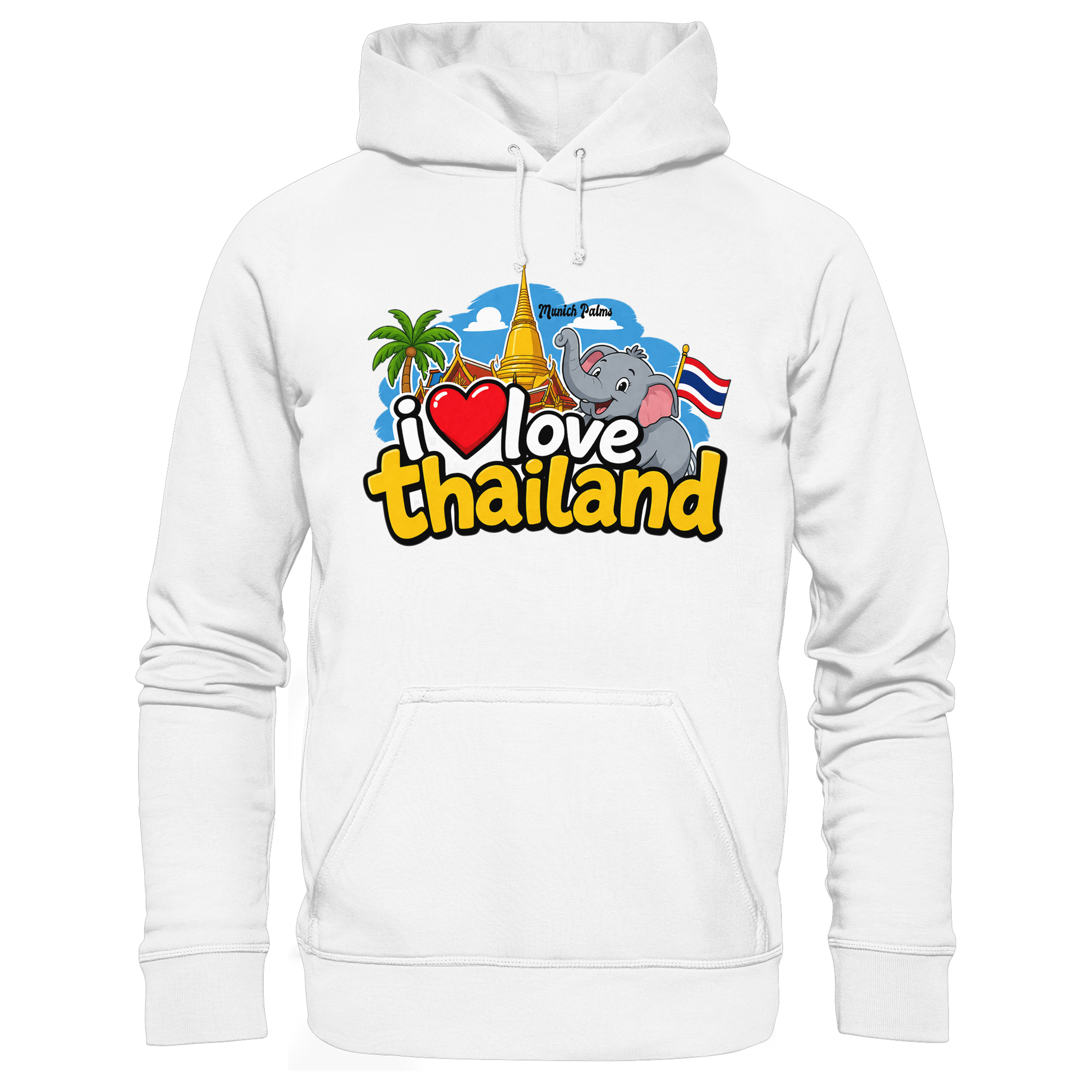 Weißer Bio-Hoodie "I love Thailand" von Online Kaufhaus München, vorneansicht, bequeme Passform, organische Baumwolle.