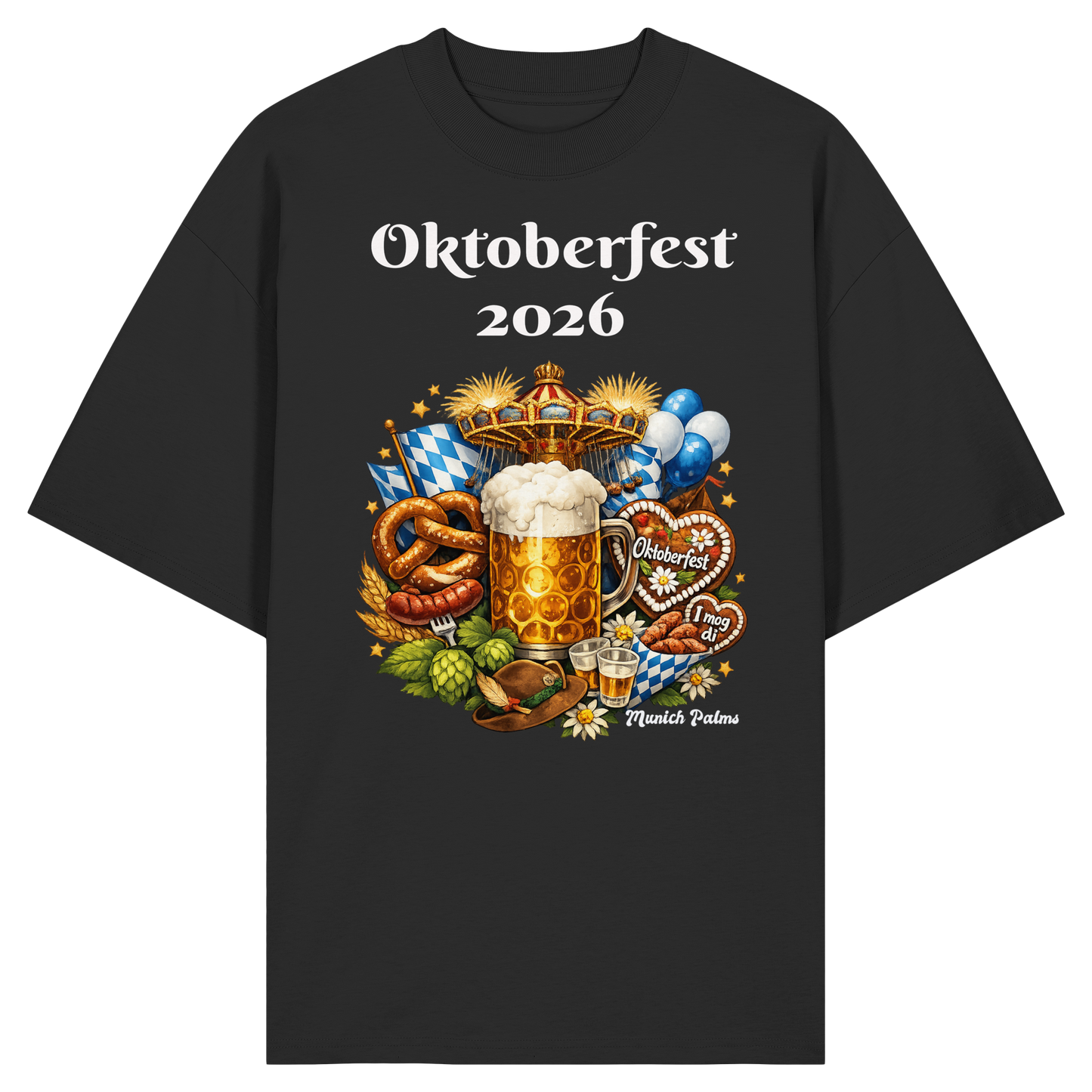 Unisex-Organic-Oversize-Shirt mit Oktoberfest 2026 München Design in Schwarz, frontansicht, bequemes nachhaltiges Kleidungsstück