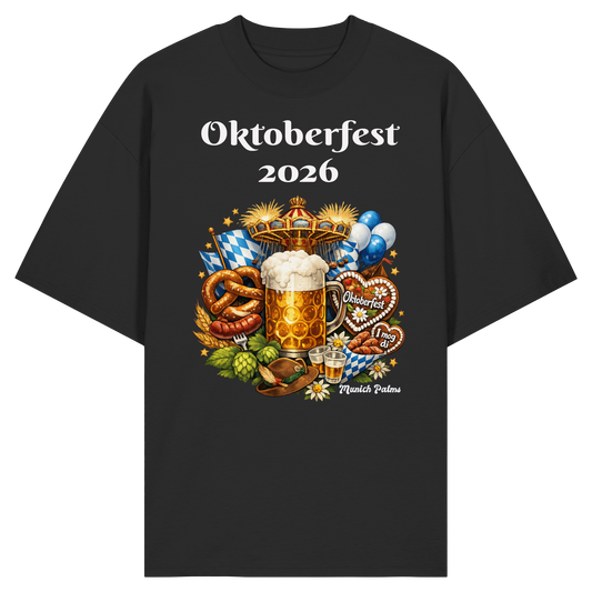 Unisex-Organic-Oversize-Shirt mit Oktoberfest 2026 München Design in Schwarz, frontansicht, bequemes nachhaltiges Kleidungsstück