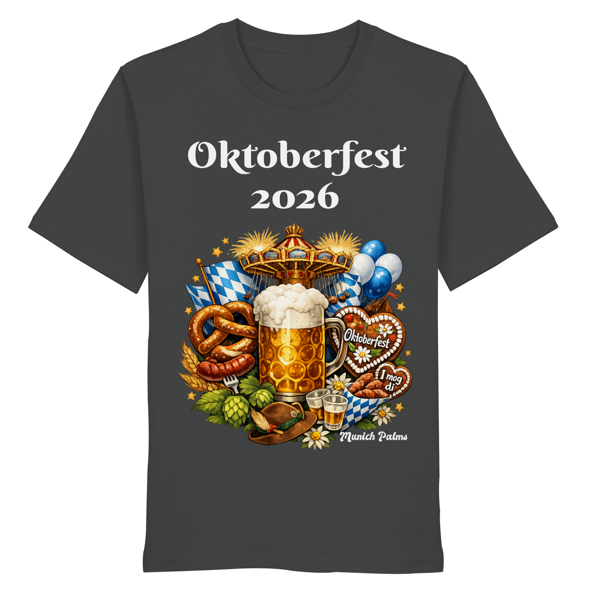 Unisex-Organic-Shirt mit Oktoberfest 2026 München Design in Anthrazit, frontale Ansicht, bequemes Tragegefühl
