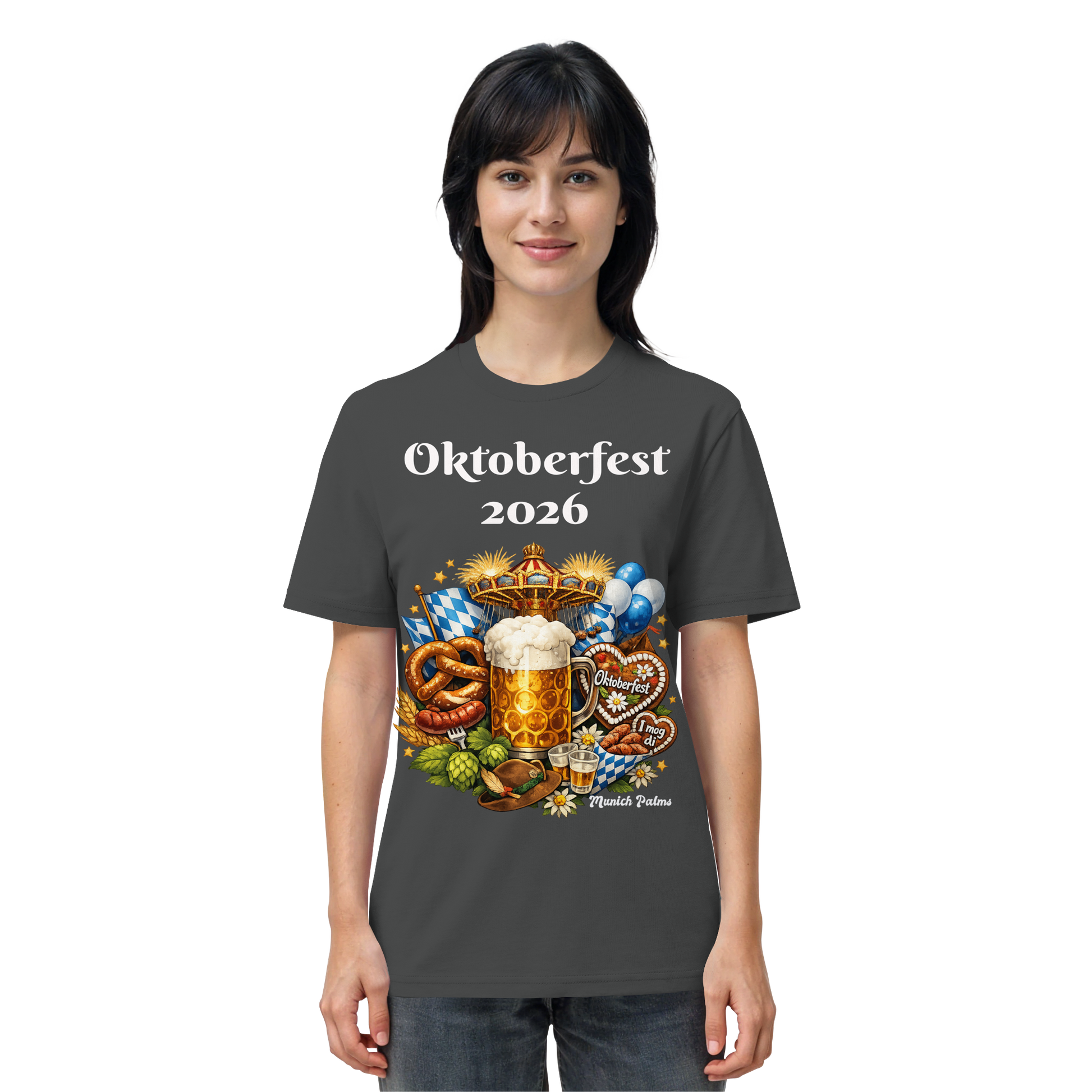 Unisex-Oktoberfest 2026 München Design Bio-Shirt in Anthrazit, frontansicht, nachhaltiges Baumwollshirt, Oktoberfest-Logo