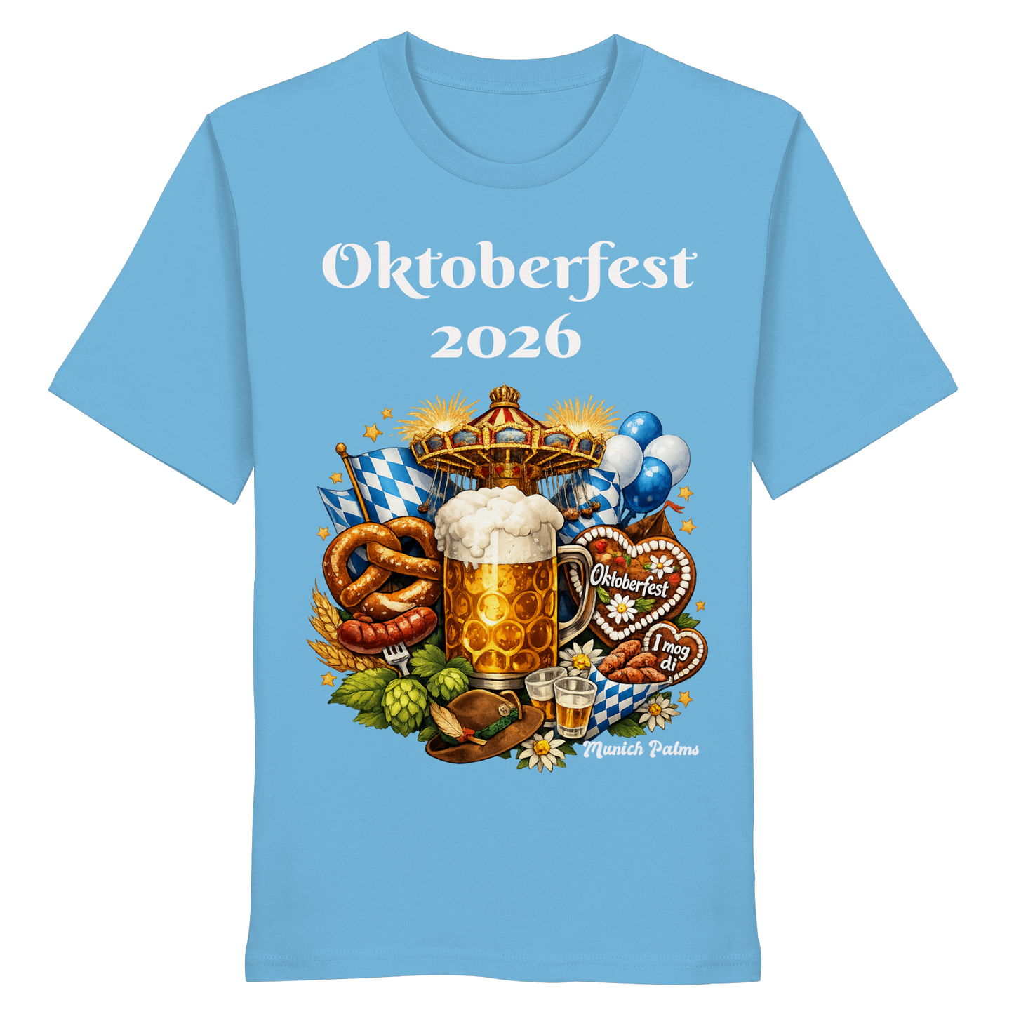 Unisex-Oktoberfest 2026 Munich Organic-Shirt in Aqua-Blau mit Oktoberfest-Design, vorne sichtbar