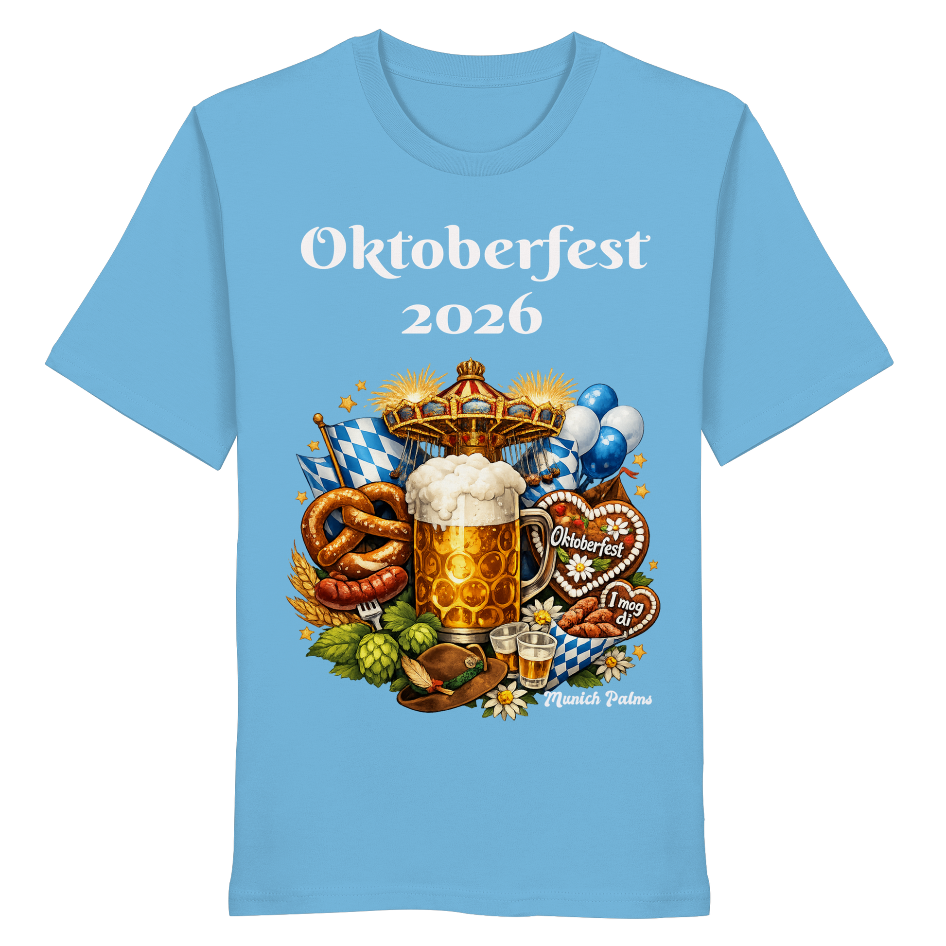 Unisex-Oktoberfest 2026 Munich Organic-Shirt in Aqua-Blau mit Oktoberfest-Design, vorne sichtbar