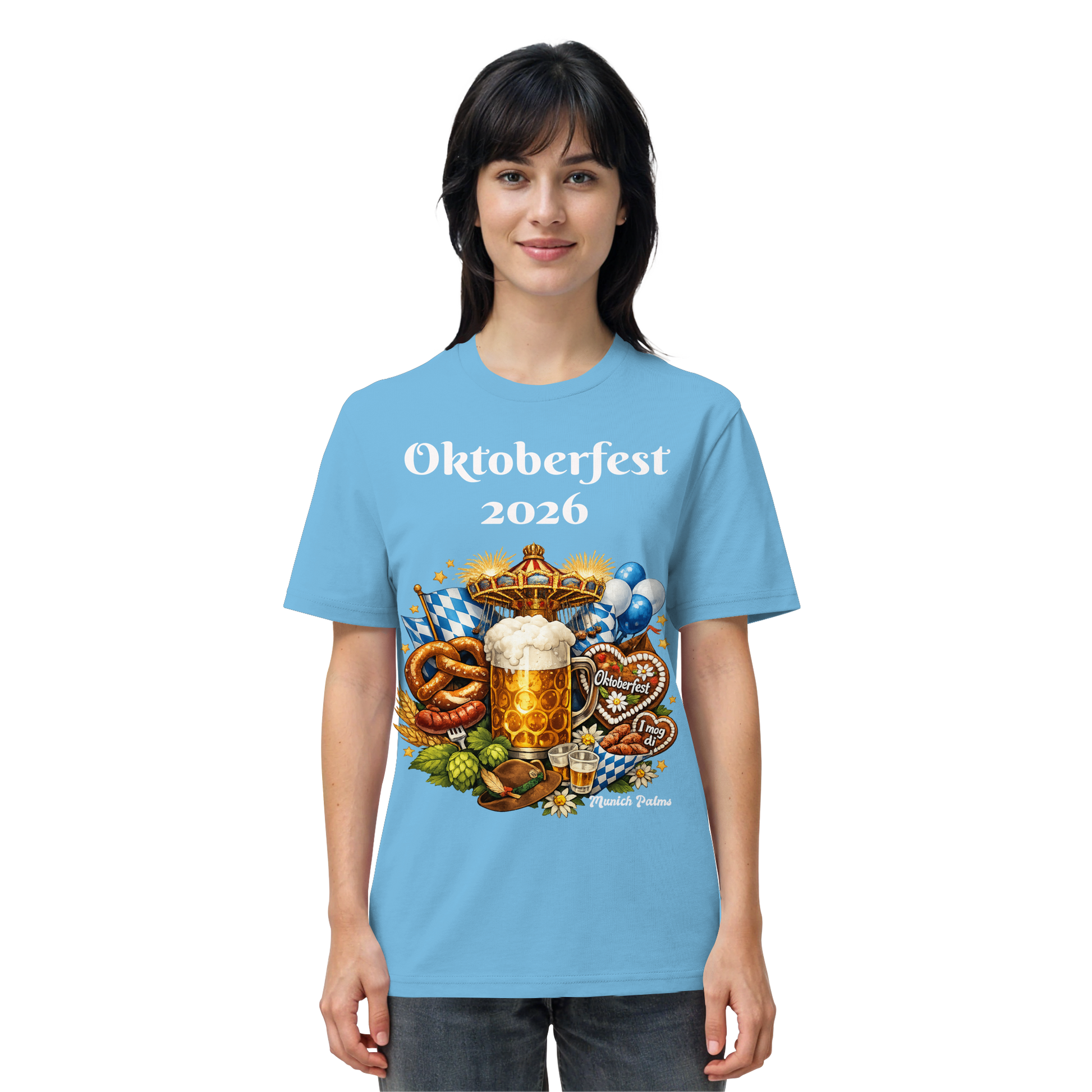Unisex-Oktoberfest 2026 Munich Design Bio-Shirt in Aqua-Blau, Vorderseite, nachhaltige Baumwolle, Online Kaufhaus München
