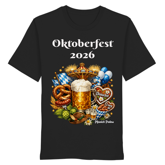 Unisex-Organik-Shirt mit Oktoberfest 2026 München Design, schwarzes T-Shirt, Frontansicht, nachhaltige Mode von Online Kaufhaus München