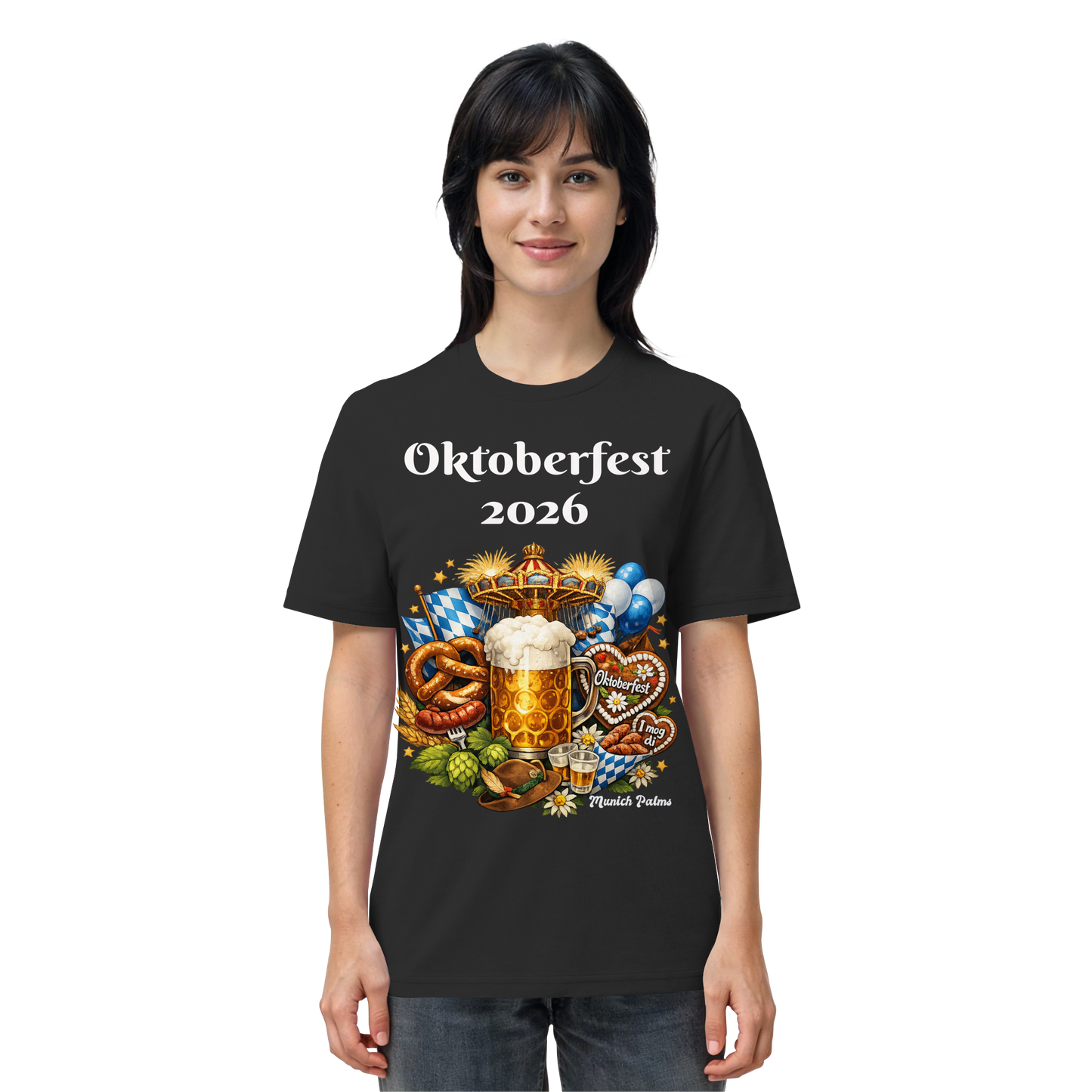 Unisex-Oktoberfest 2026 München Bio-Shirt in Schwarz, Vorderseite mit Oktoberfest-Design, bequem und umweltfreundlich gefertigt