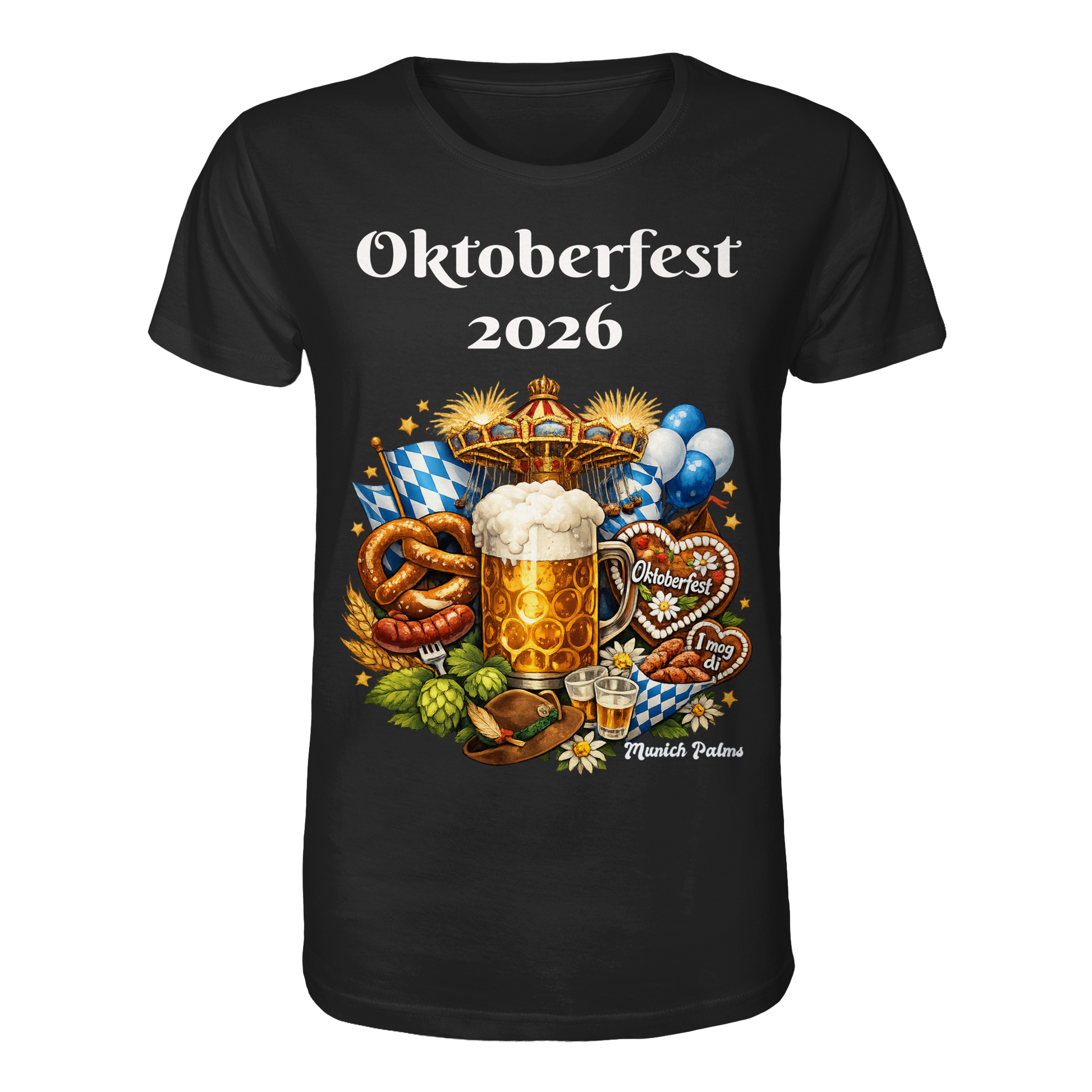 Unisex-Organic-Shirt mit Oktoberfest 2026 München Design in Schwarz, Vorderansicht, von Online Kaufhaus München