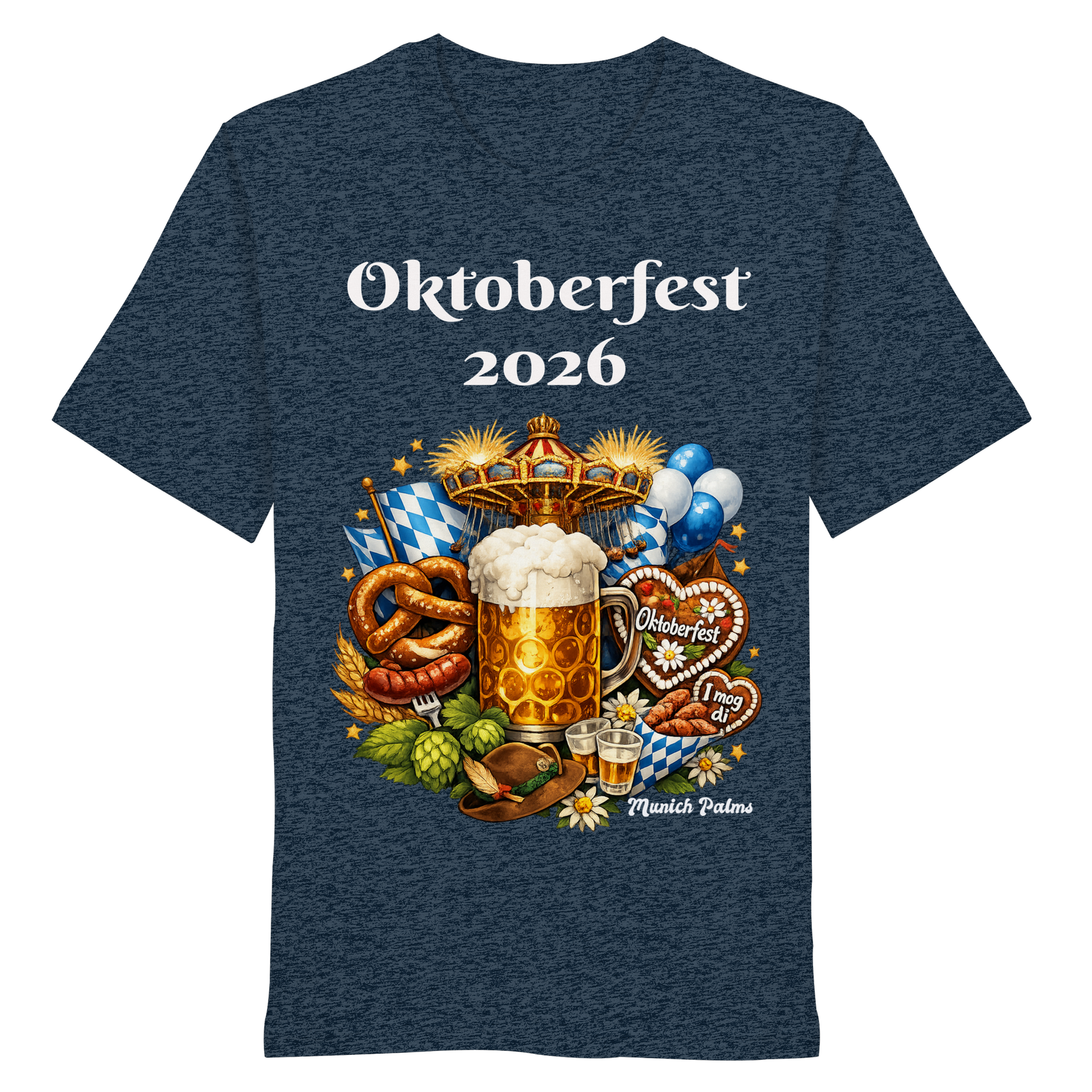 Unisex-Oktoberfest 2026 München Design Bio-Shirt in Dunkelblau, Vorderseite, organisch, bequem, modernes Trachten-Design