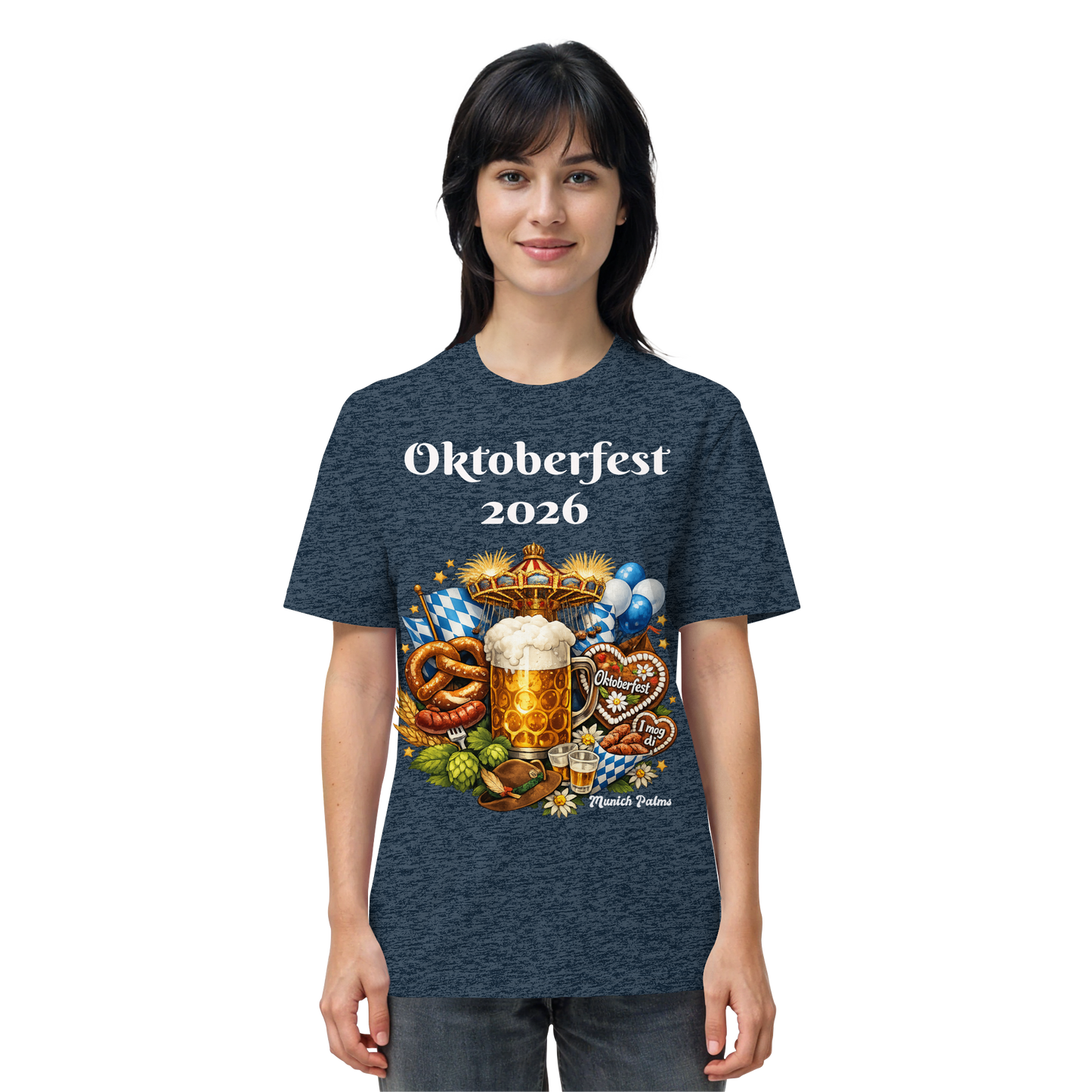 Unisex-Oktoberfest 2026 München Bio-Shirt in dunklem Heather-Blau, zeigt das Design auf der Vorderseite.