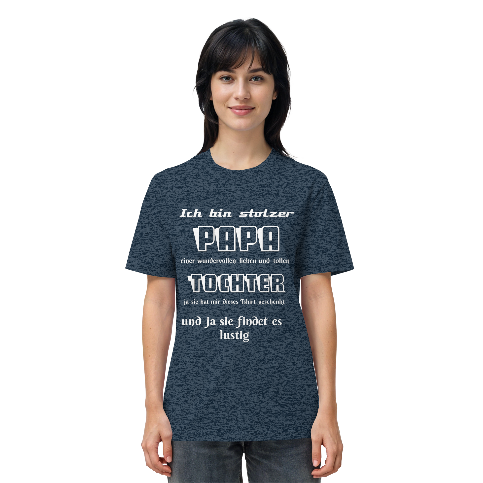 Unisex-Shirt "Ich bin stolzer Papa einer wundervollen Tochter" aus Bio-Baumwolle in Dunkelblau, vorne sichtbar
